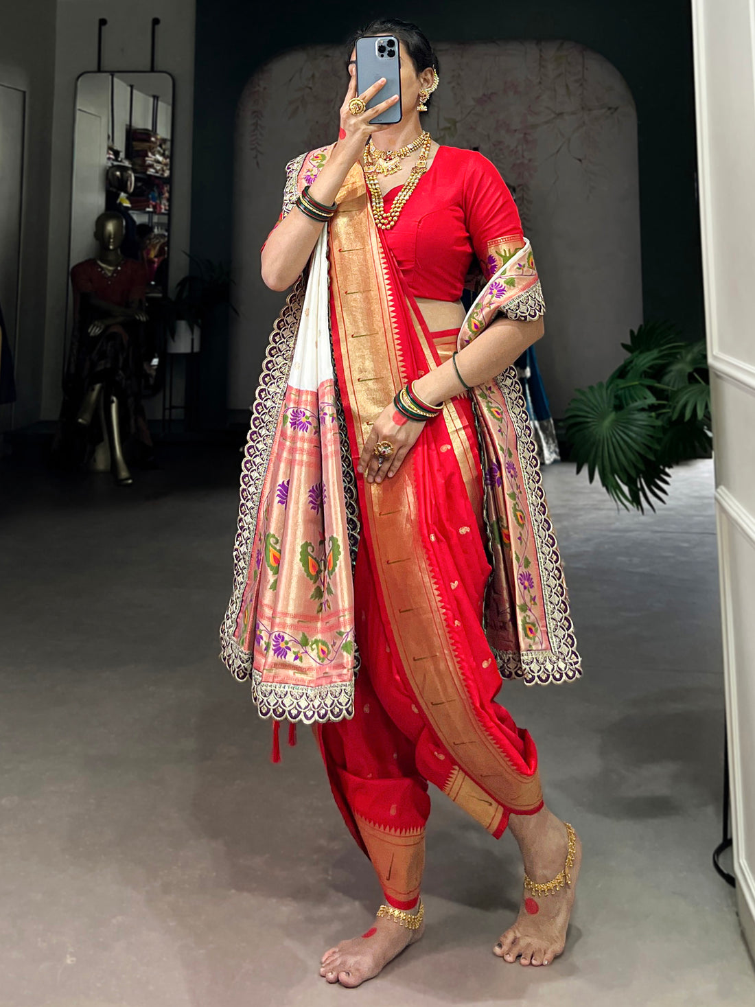 Captivating Red Zari Weaving Jacquard Nauvari Bridal Paithani Saree With Dupatta