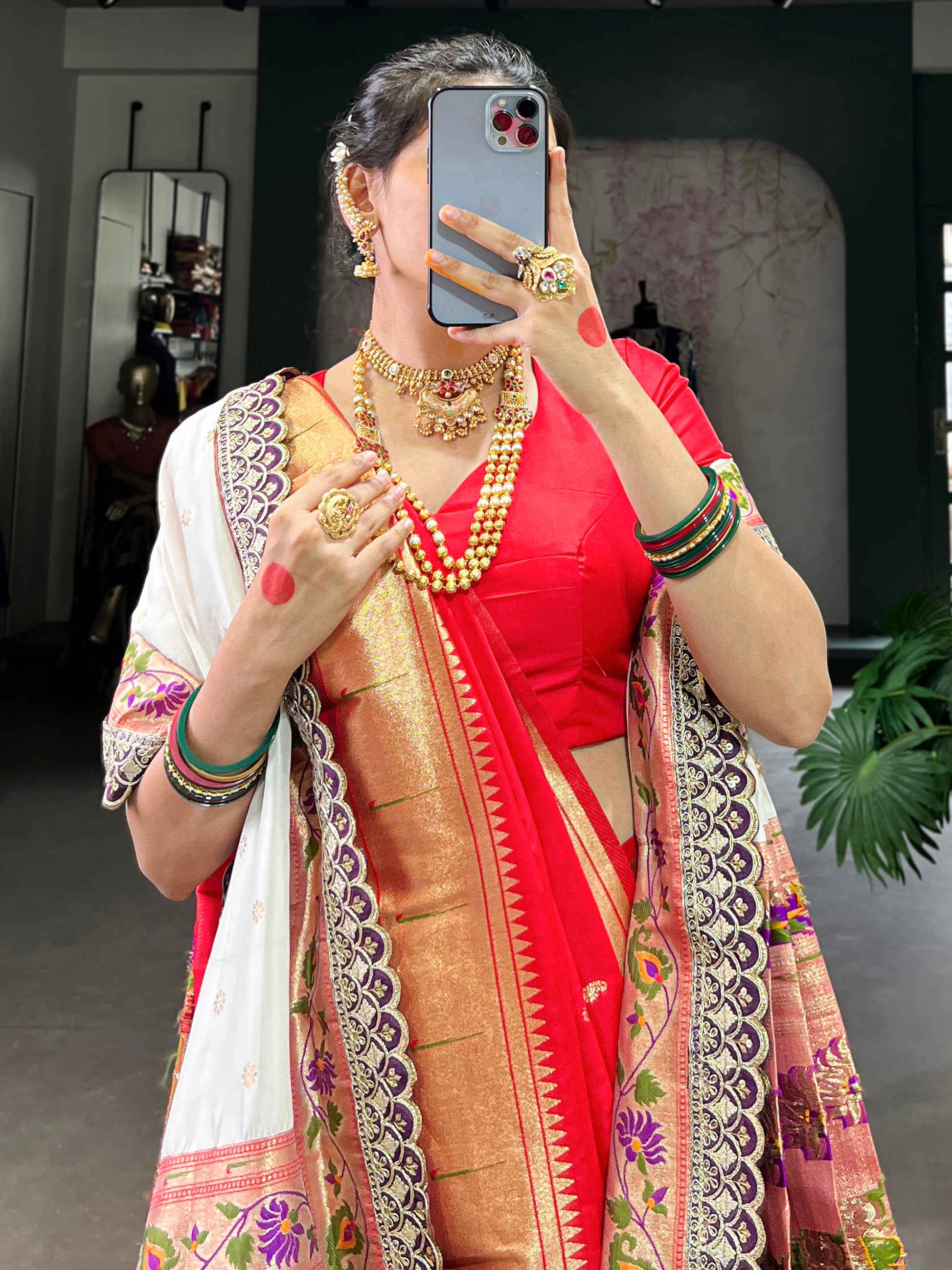 Captivating Red Zari Weaving Jacquard Nauvari Bridal Paithani Saree With Dupatta