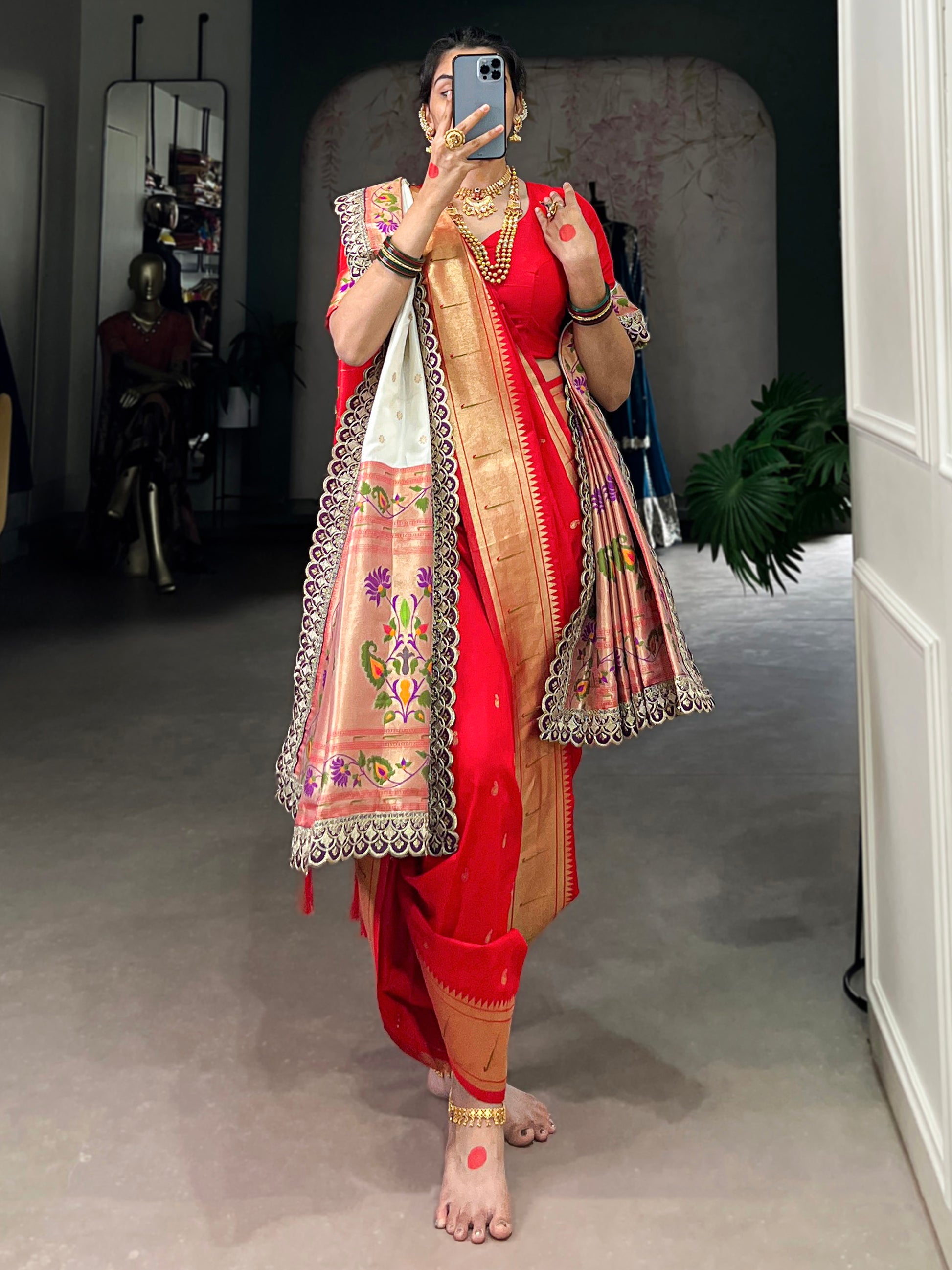 Captivating Red Zari Weaving Jacquard Nauvari Bridal Paithani Saree With Dupatta