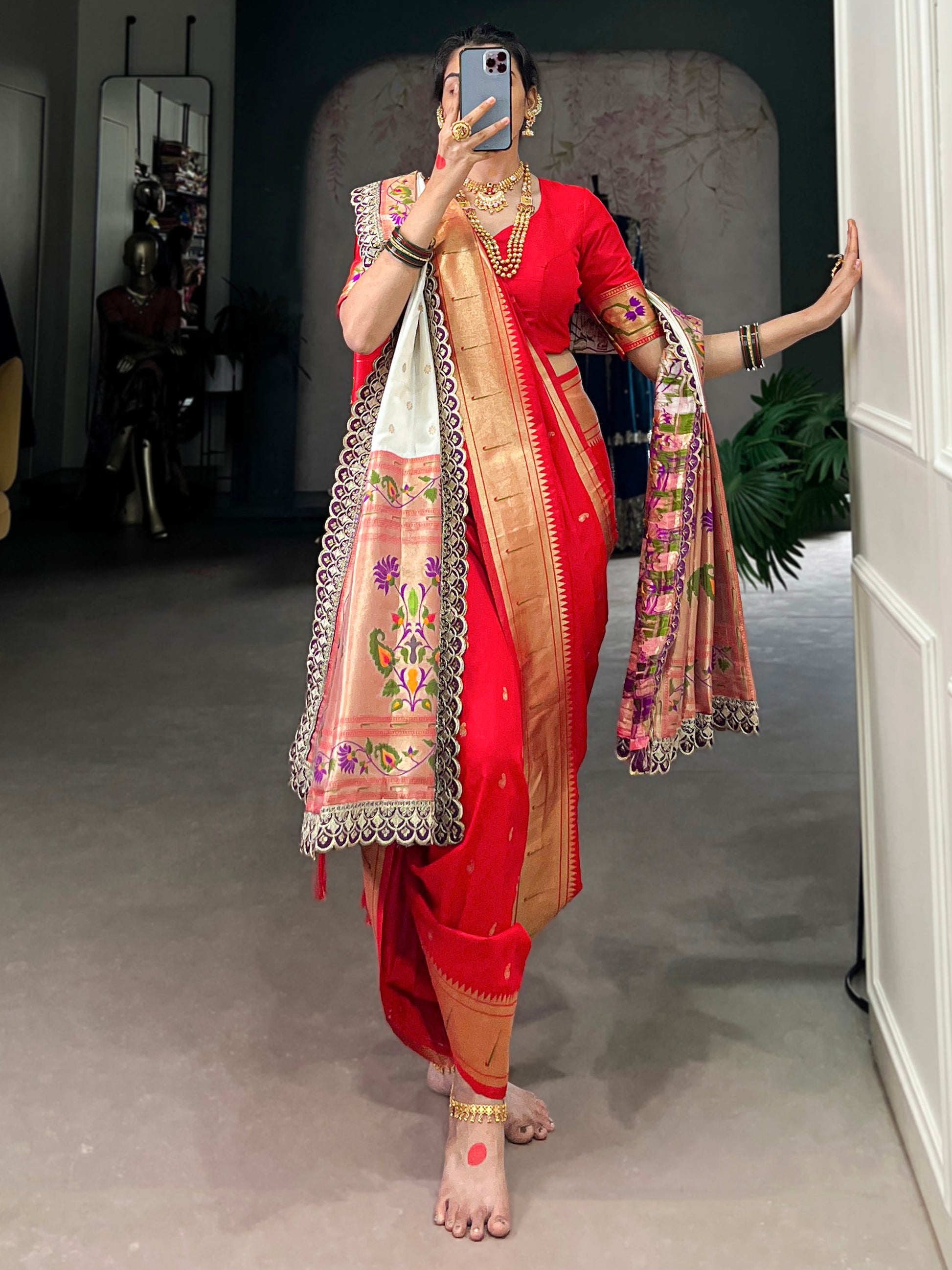 Captivating Red Zari Weaving Jacquard Nauvari Bridal Paithani Saree With Dupatta