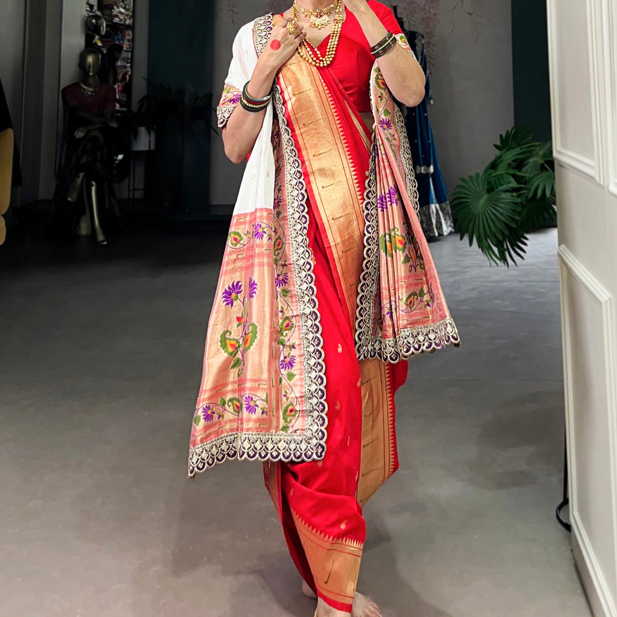 Captivating Red Zari Weaving Jacquard Nauvari Bridal Paithani Saree With Dupatta