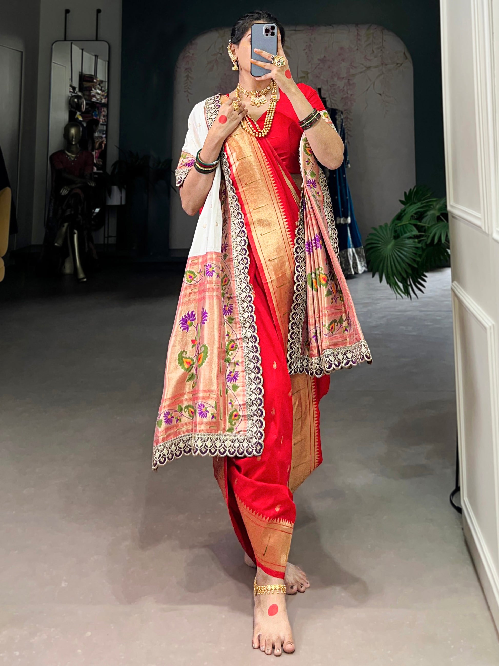 Captivating Red Zari Weaving Jacquard Nauvari Bridal Paithani Saree With Dupatta