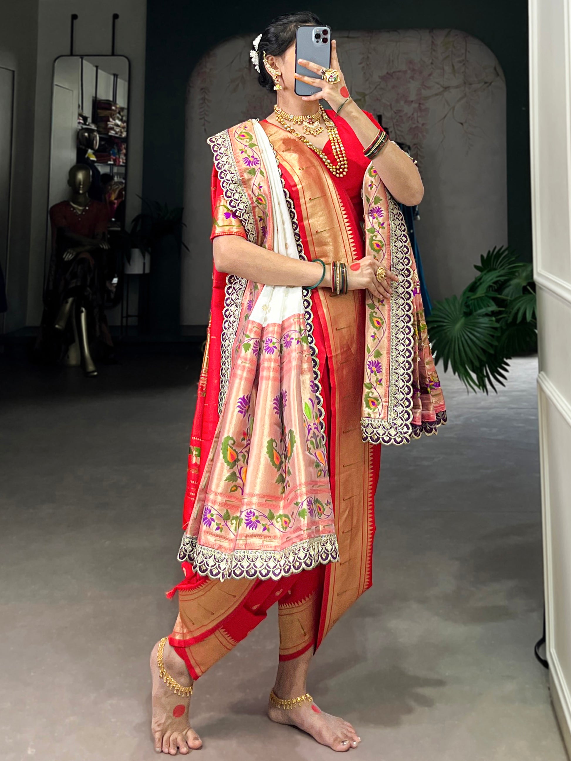 Captivating Red Zari Weaving Jacquard Nauvari Bridal Paithani Saree With Dupatta