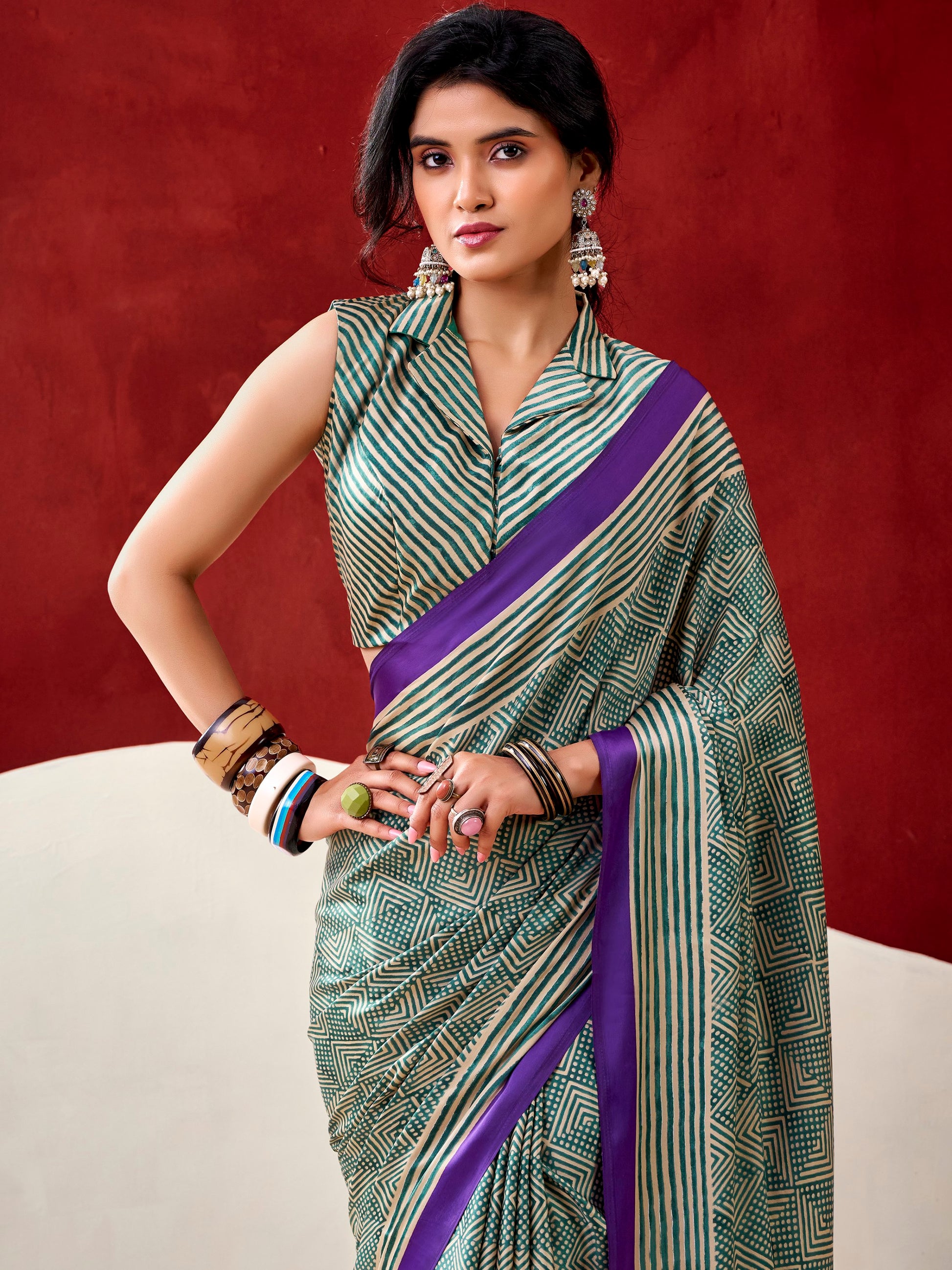 Great Bottle Green Digital Printed Satin Daily Wear Saree With Blouse