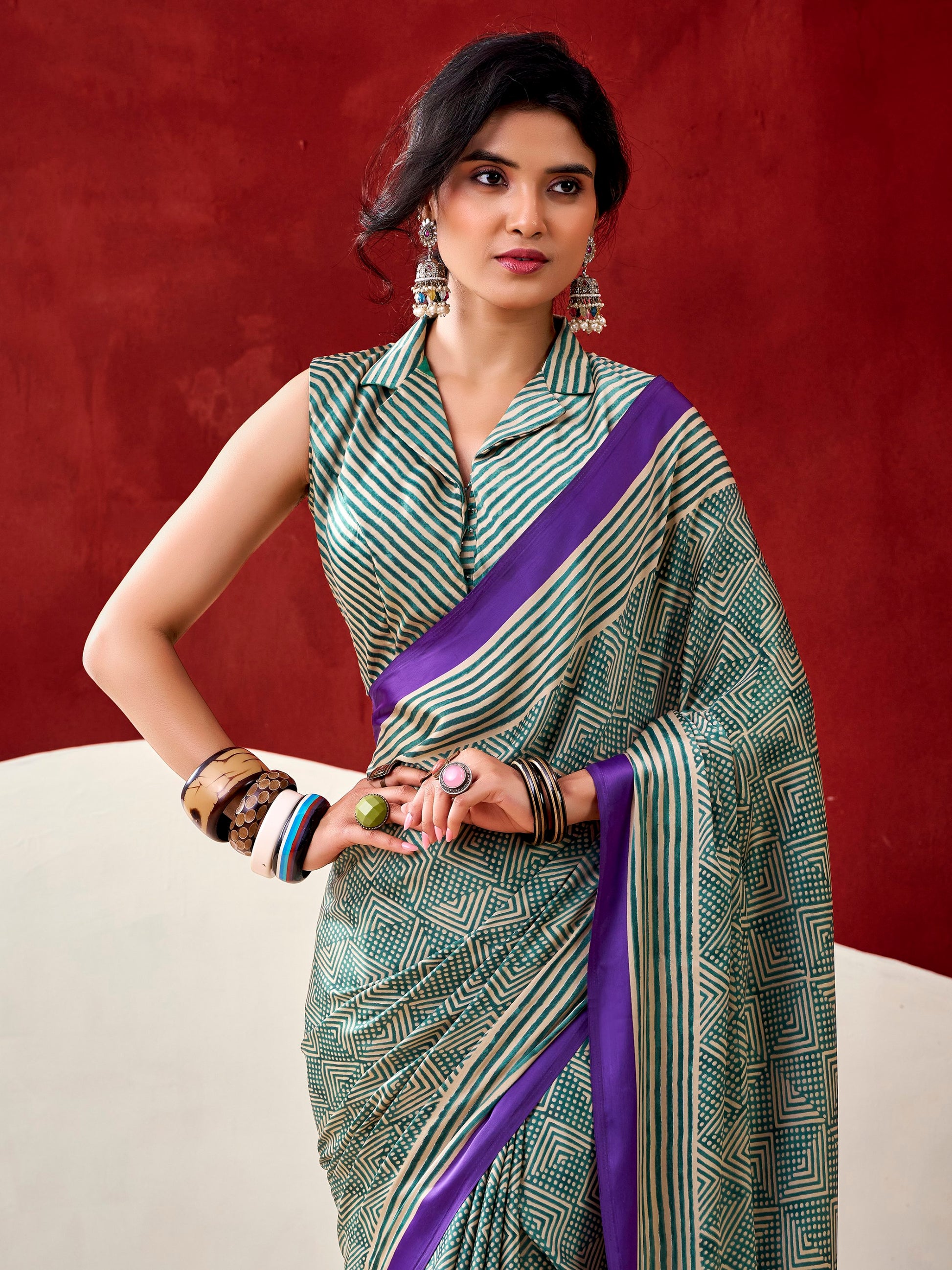 Great Bottle Green Digital Printed Satin Daily Wear Saree With Blouse