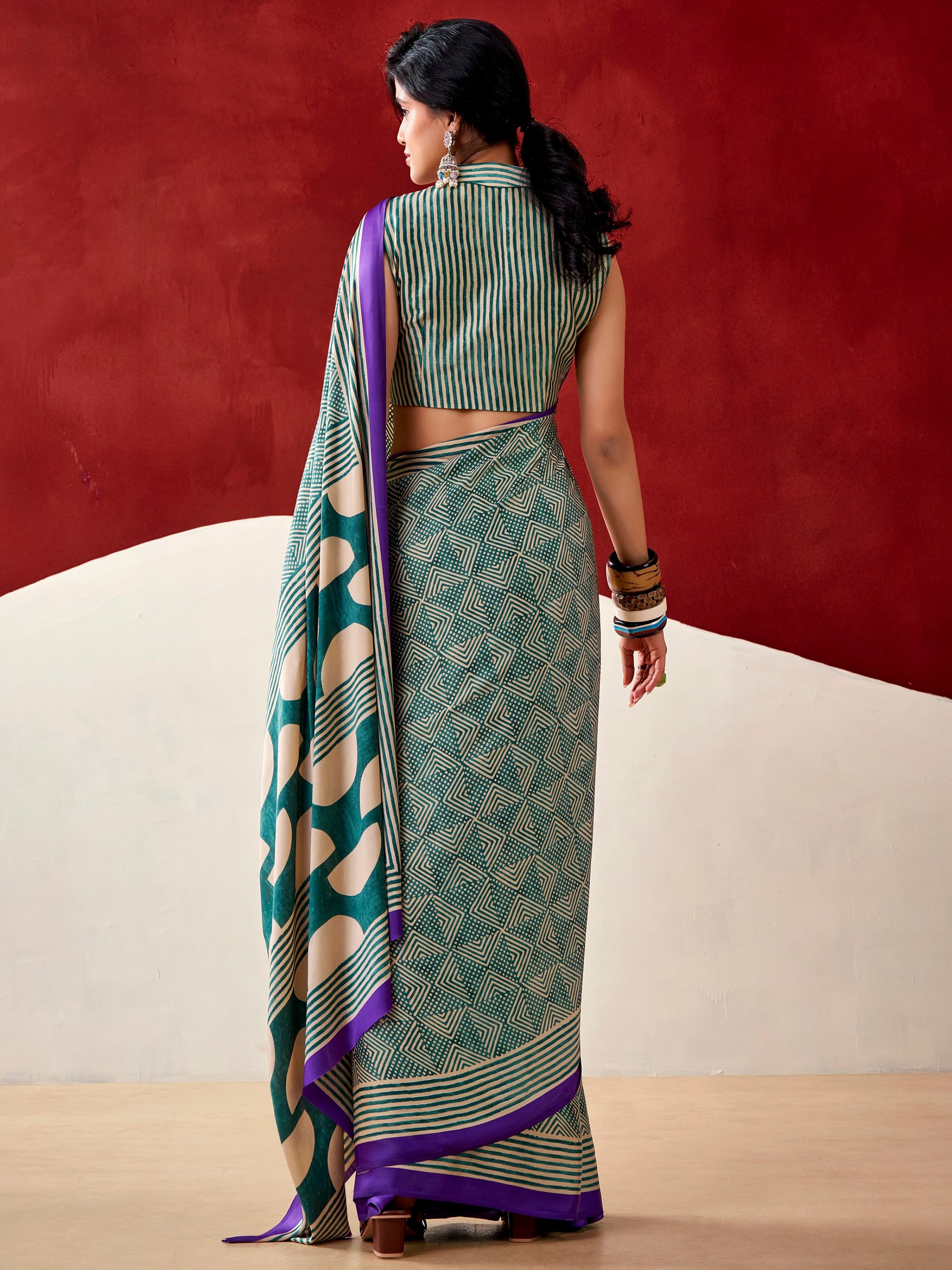 Great Bottle Green Digital Printed Satin Daily Wear Saree With Blouse