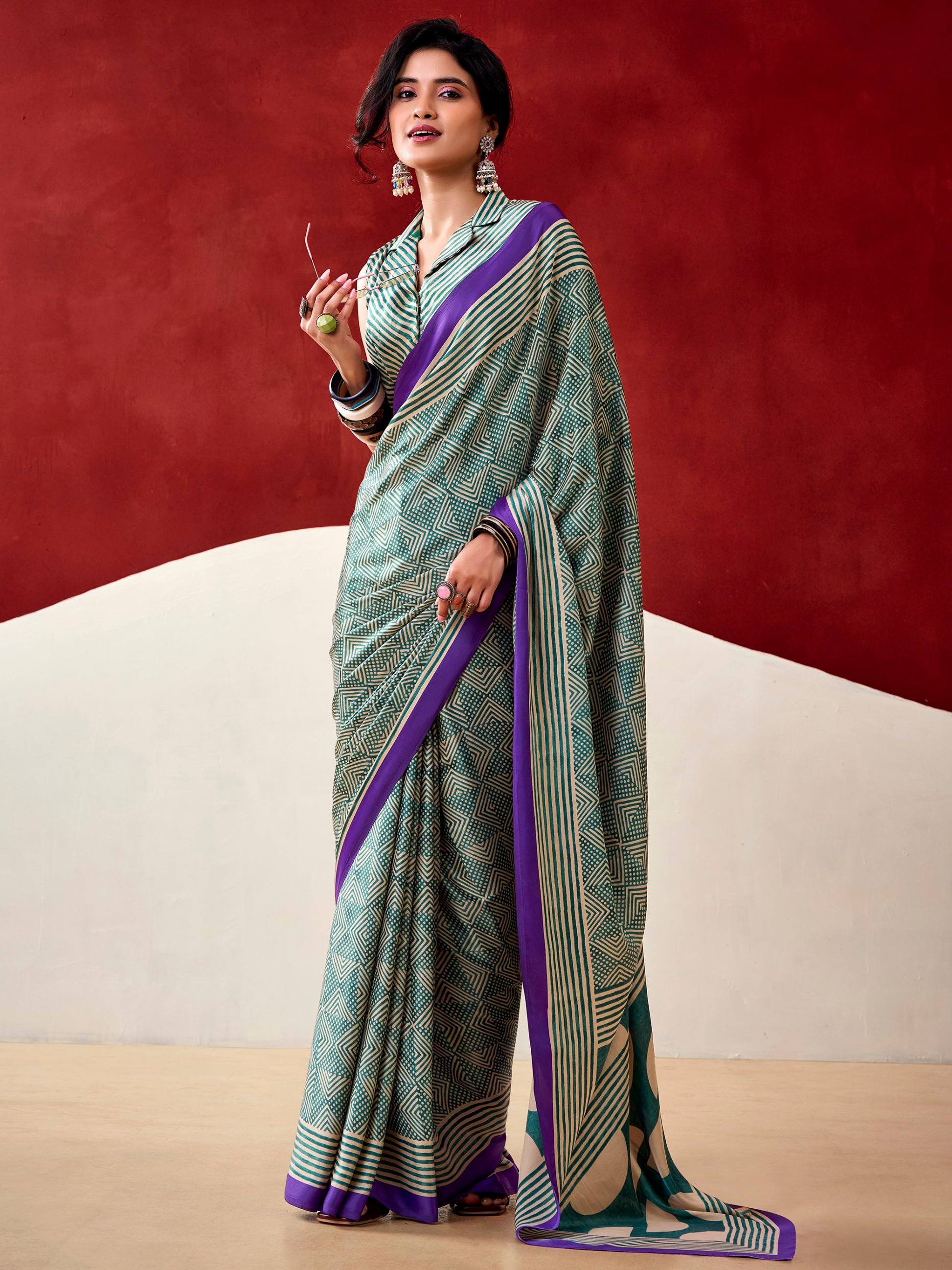 Great Bottle Green Digital Printed Satin Daily Wear Saree With Blouse