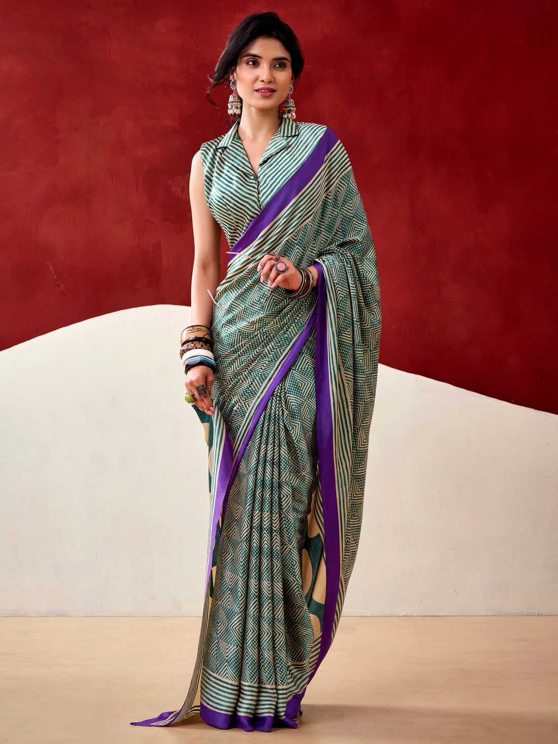 Great Bottle Green Digital Printed Satin Daily Wear Saree With Blouse