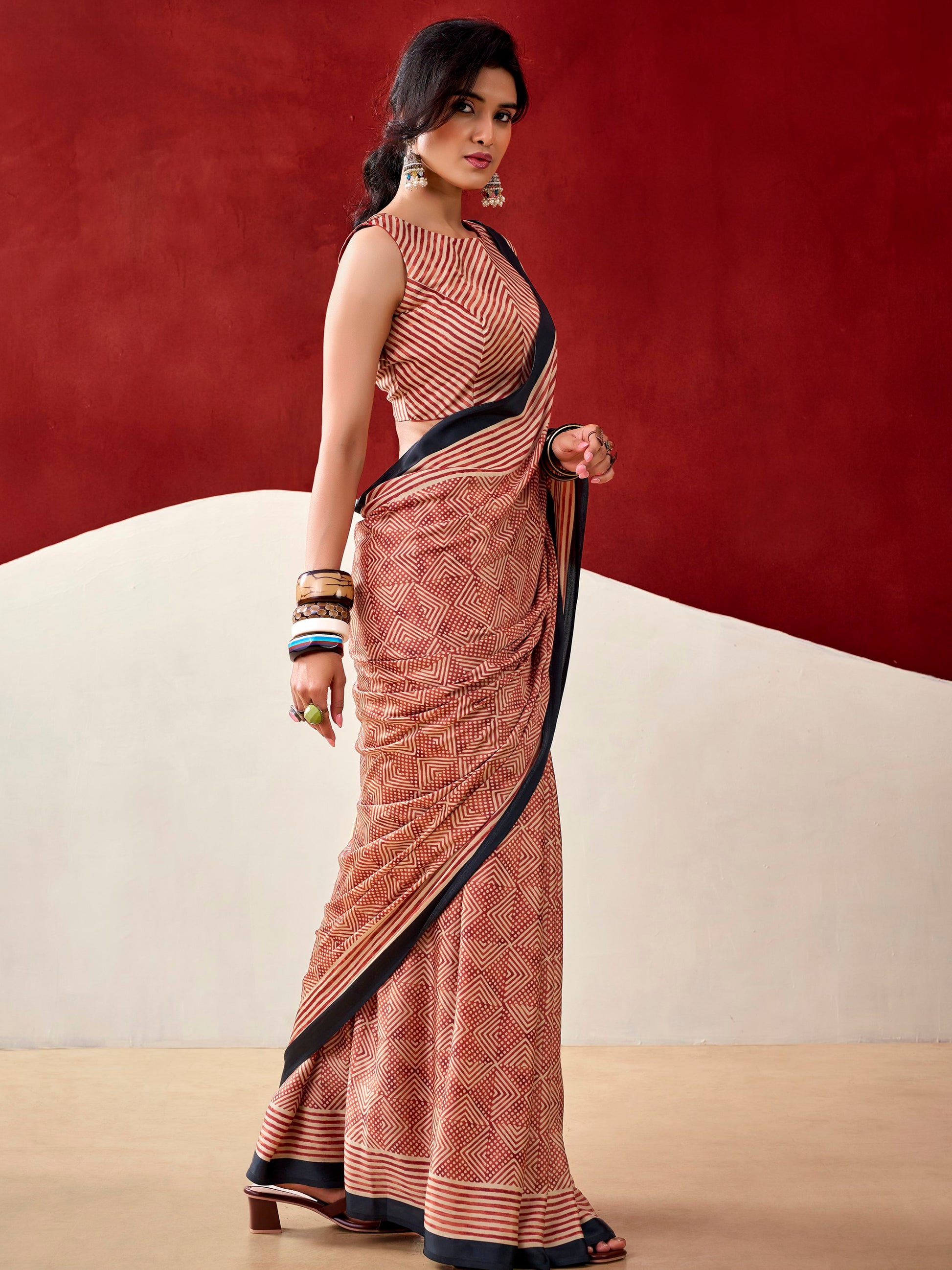 Classy Rust Orange Digital Printed Satin Office Wear Saree With Blouse