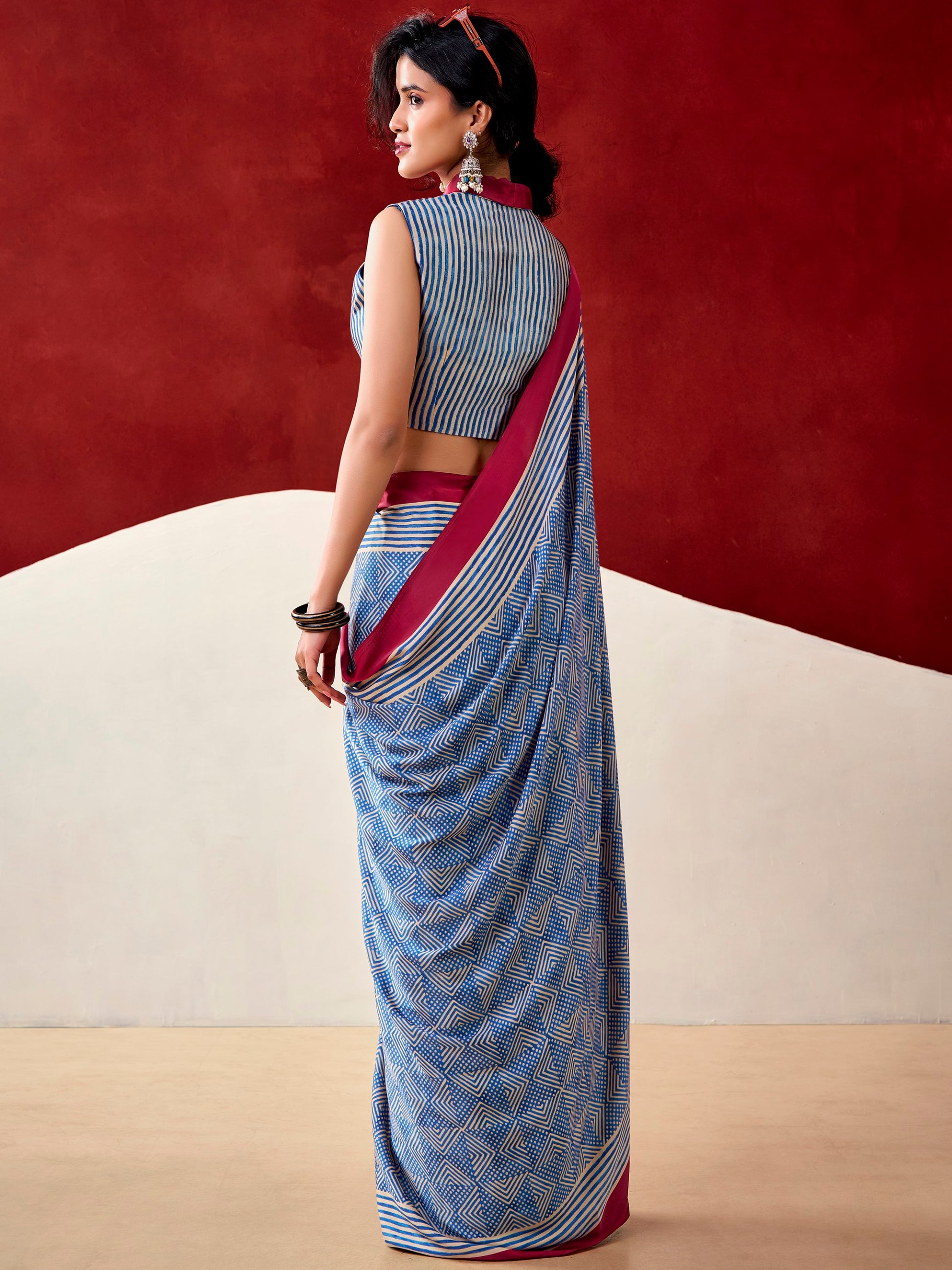Delightful Blue Digital Printed Satin Traditional Saree With Blouse