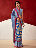 Delightful Blue Digital Printed Satin Traditional Saree With Blouse
