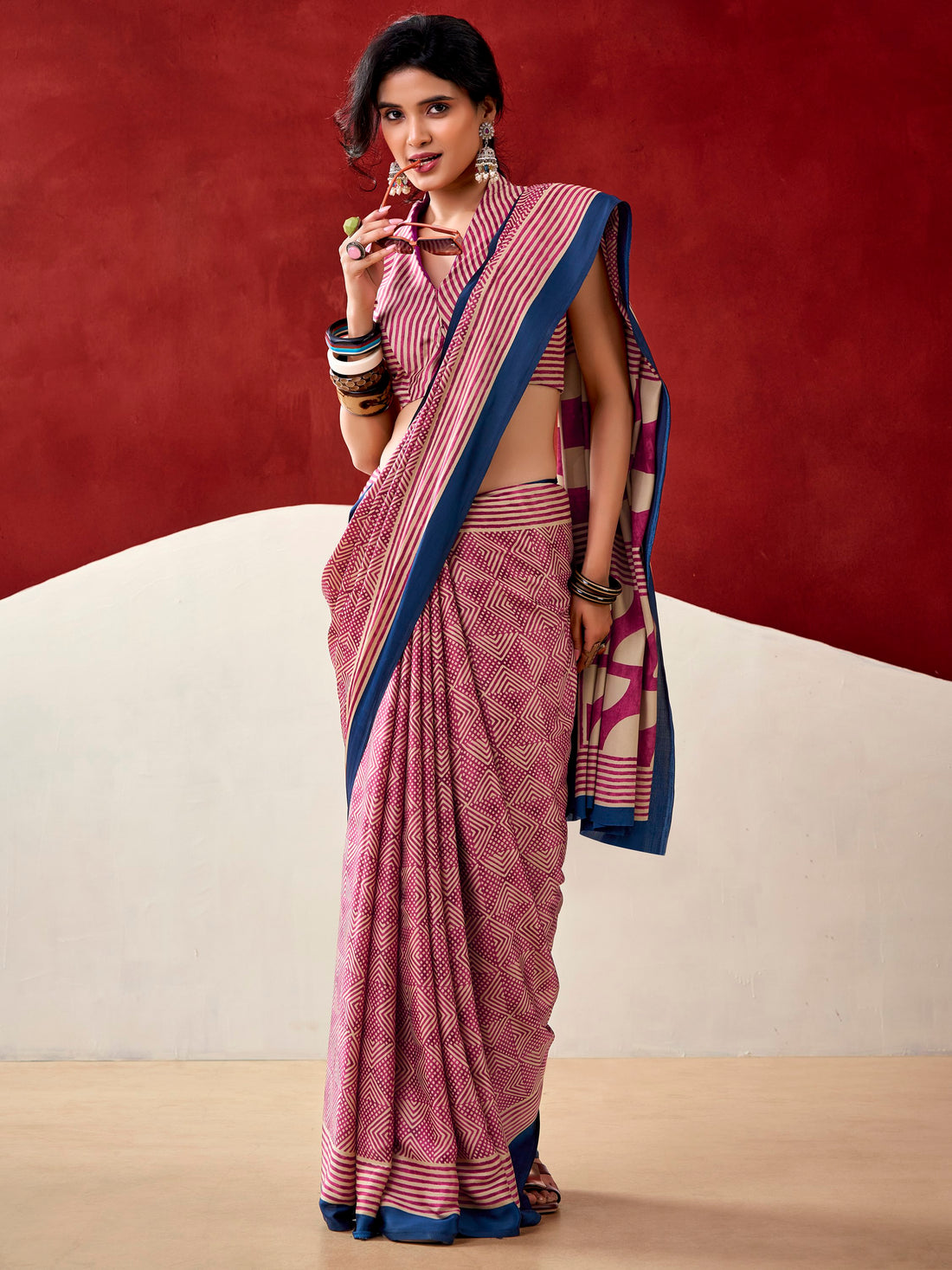 Lovely Pink Digital Printed Satin Casual Wear Saree With Blouse