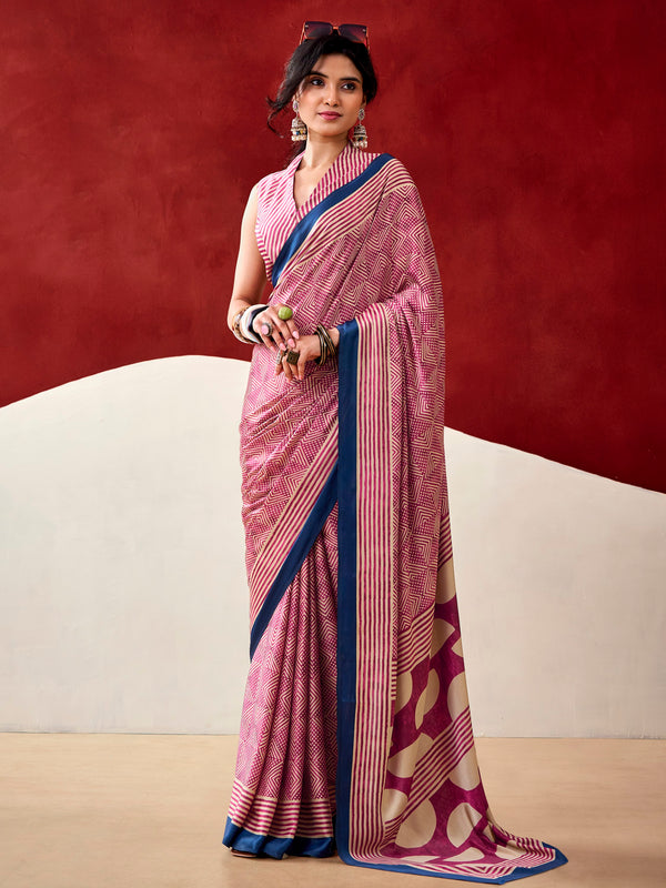 Lovely Pink Digital Printed Satin Casual Wear Saree With Blouse