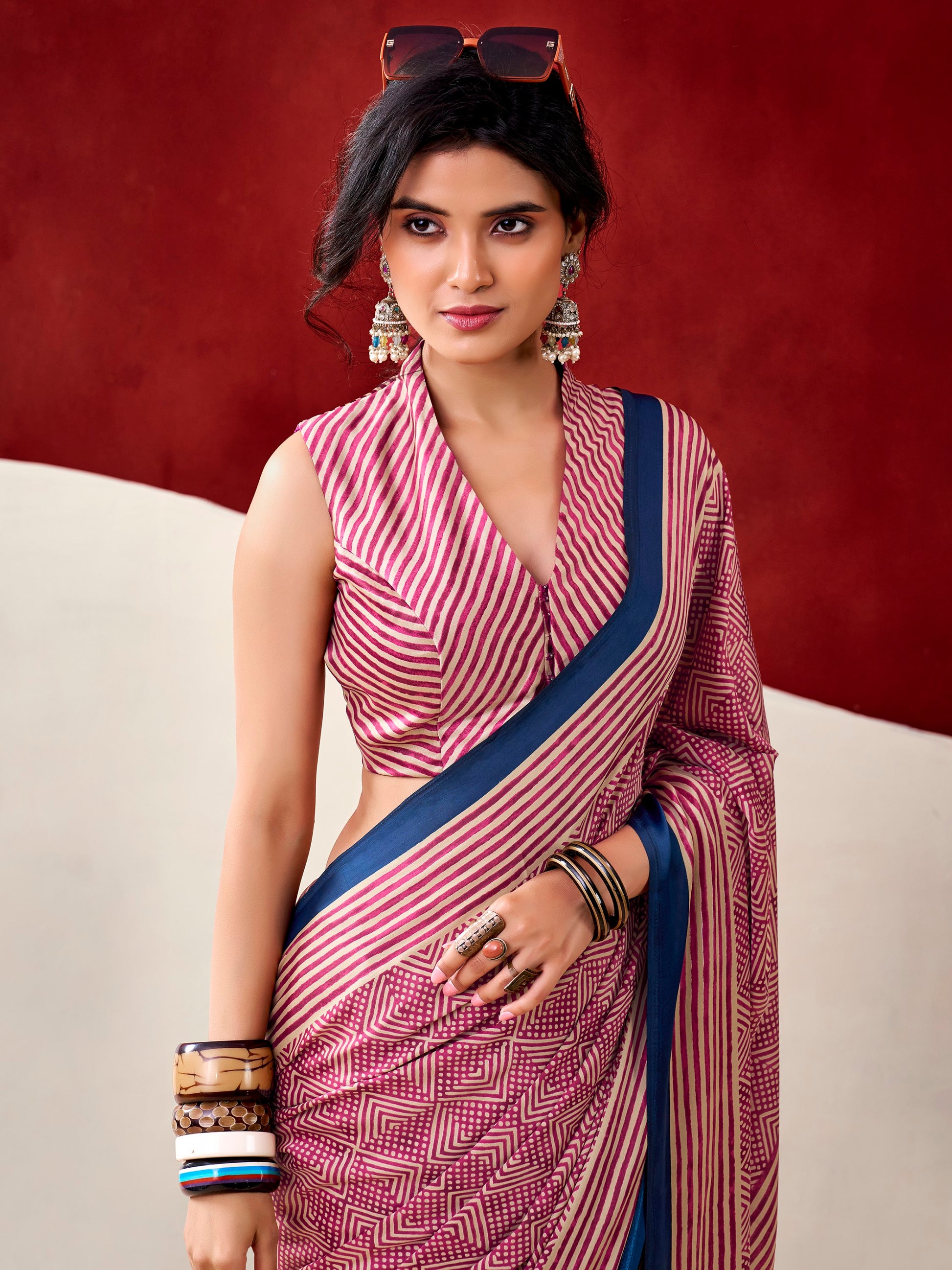 Lovely Pink Digital Printed Satin Casual Wear Saree With Blouse