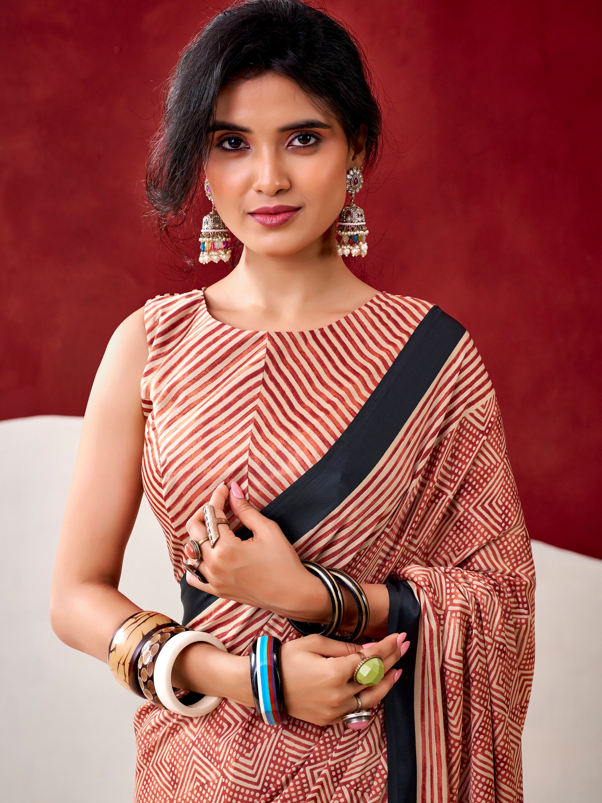 Classy Rust Orange Digital Printed Satin Office Wear Saree With Blouse