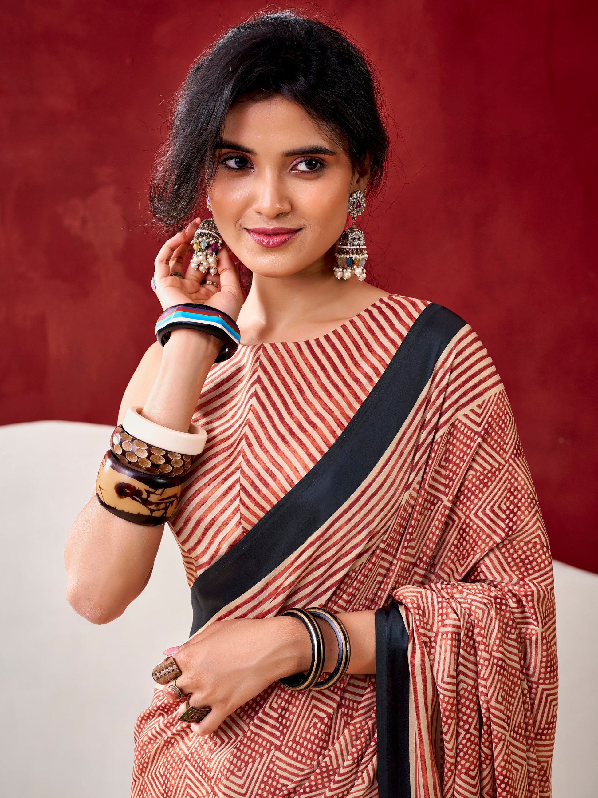 Classy Rust Orange Digital Printed Satin Office Wear Saree With Blouse