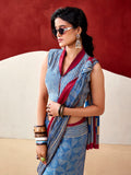 Delightful Blue Digital Printed Satin Traditional Saree With Blouse
