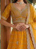 Glamorous Mustard Yellow Embroidered Organza Wedding Wear Lehenga Choli With Dupatta