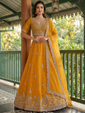 Glamorous Mustard Yellow Embroidered Organza Wedding Wear Lehenga Choli With Dupatta