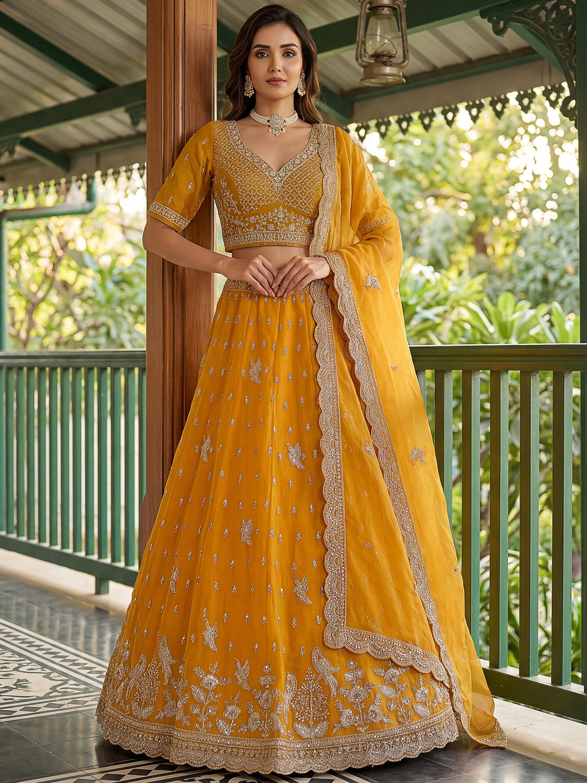 Glamorous Mustard Yellow Embroidered Organza Wedding Wear Lehenga Choli With Dupatta