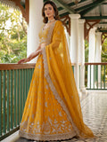 Glamorous Mustard Yellow Embroidered Organza Wedding Wear Lehenga Choli With Dupatta