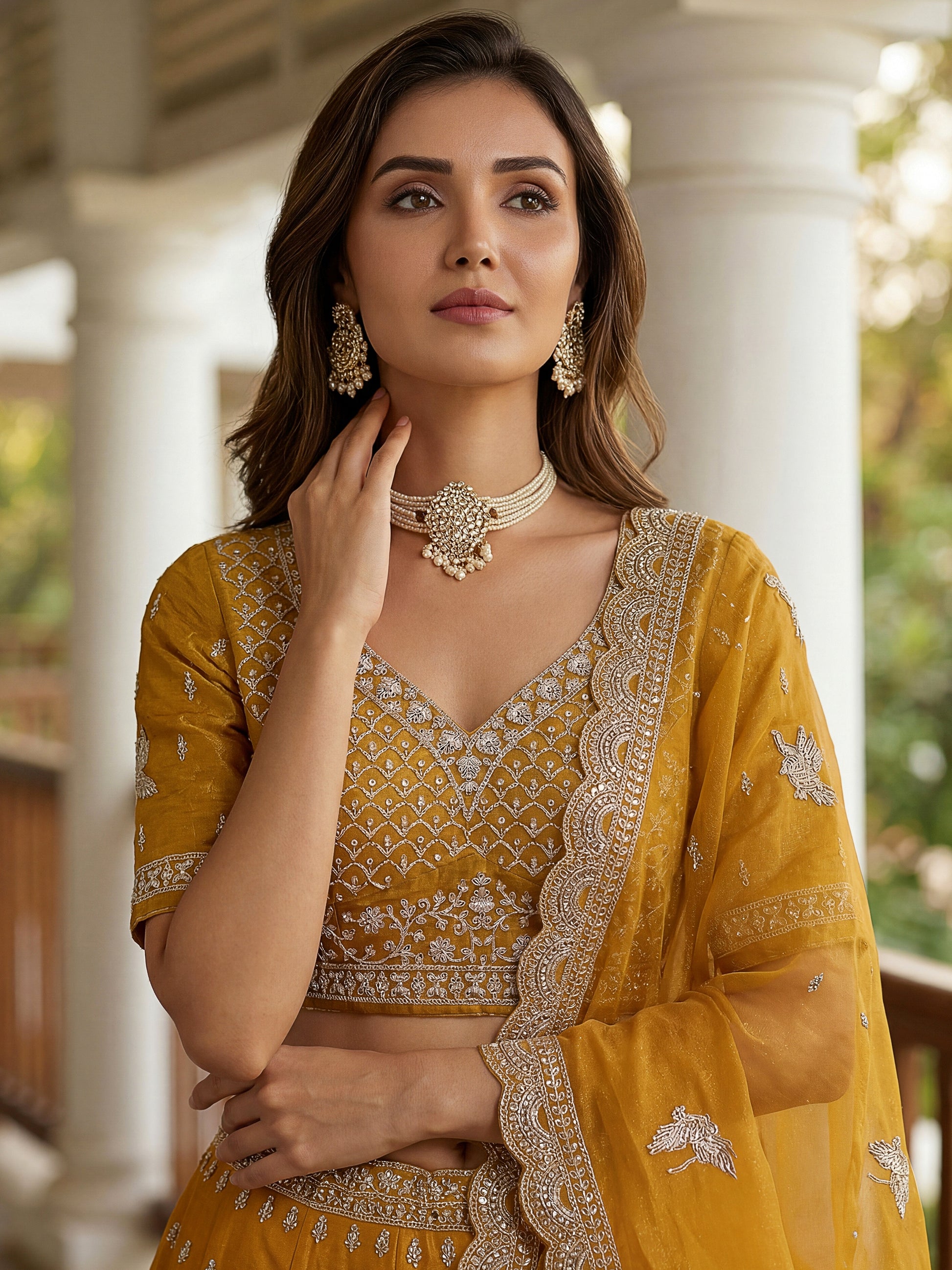 Glamorous Mustard Yellow Embroidered Organza Wedding Wear Lehenga Choli With Dupatta