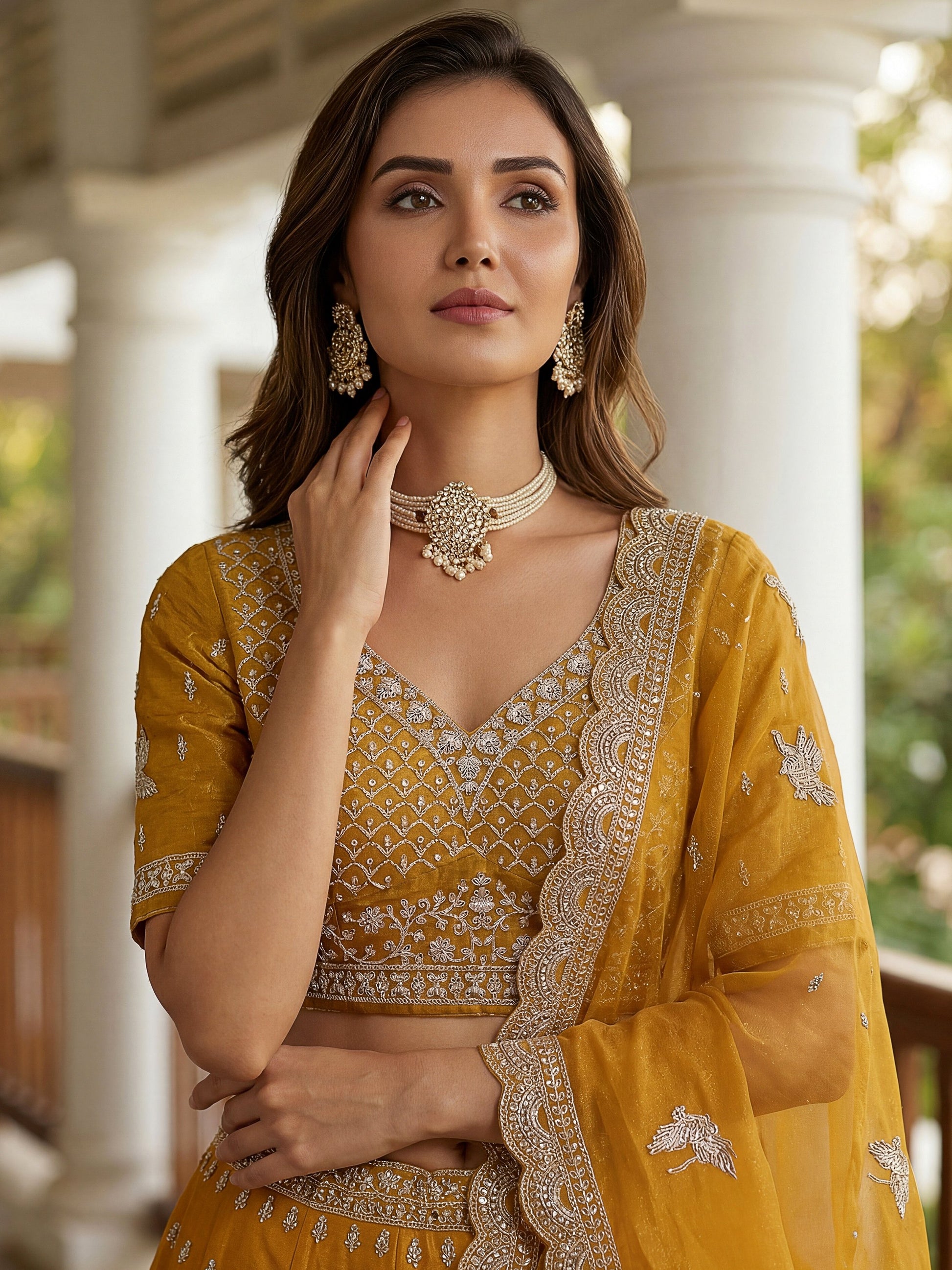 Great Yellow Embroidered Organza Wedding Wear Lehenga Choli With Dupatta