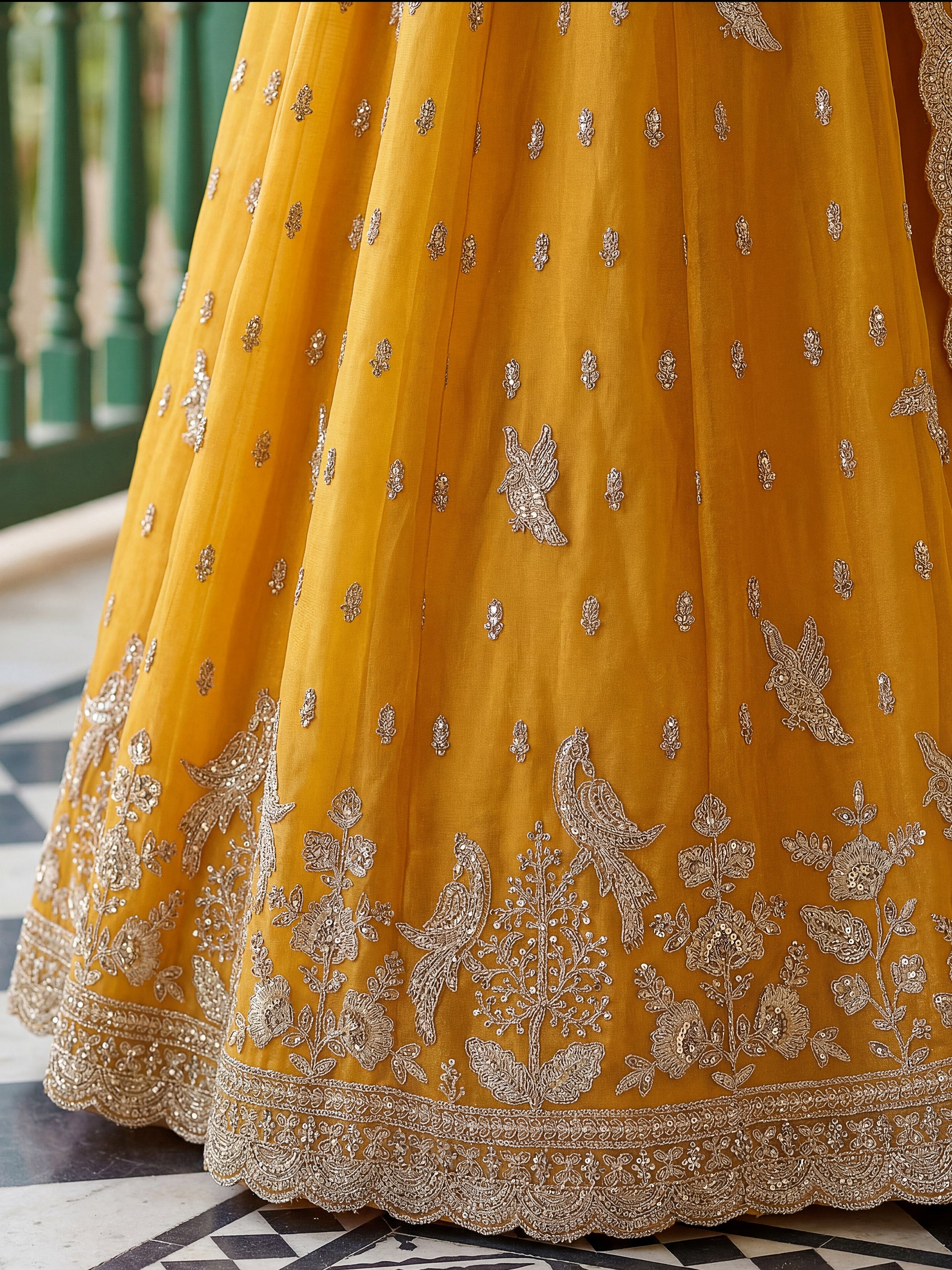 Glamorous Mustard Yellow Embroidered Organza Wedding Wear Lehenga Choli With Dupatta
