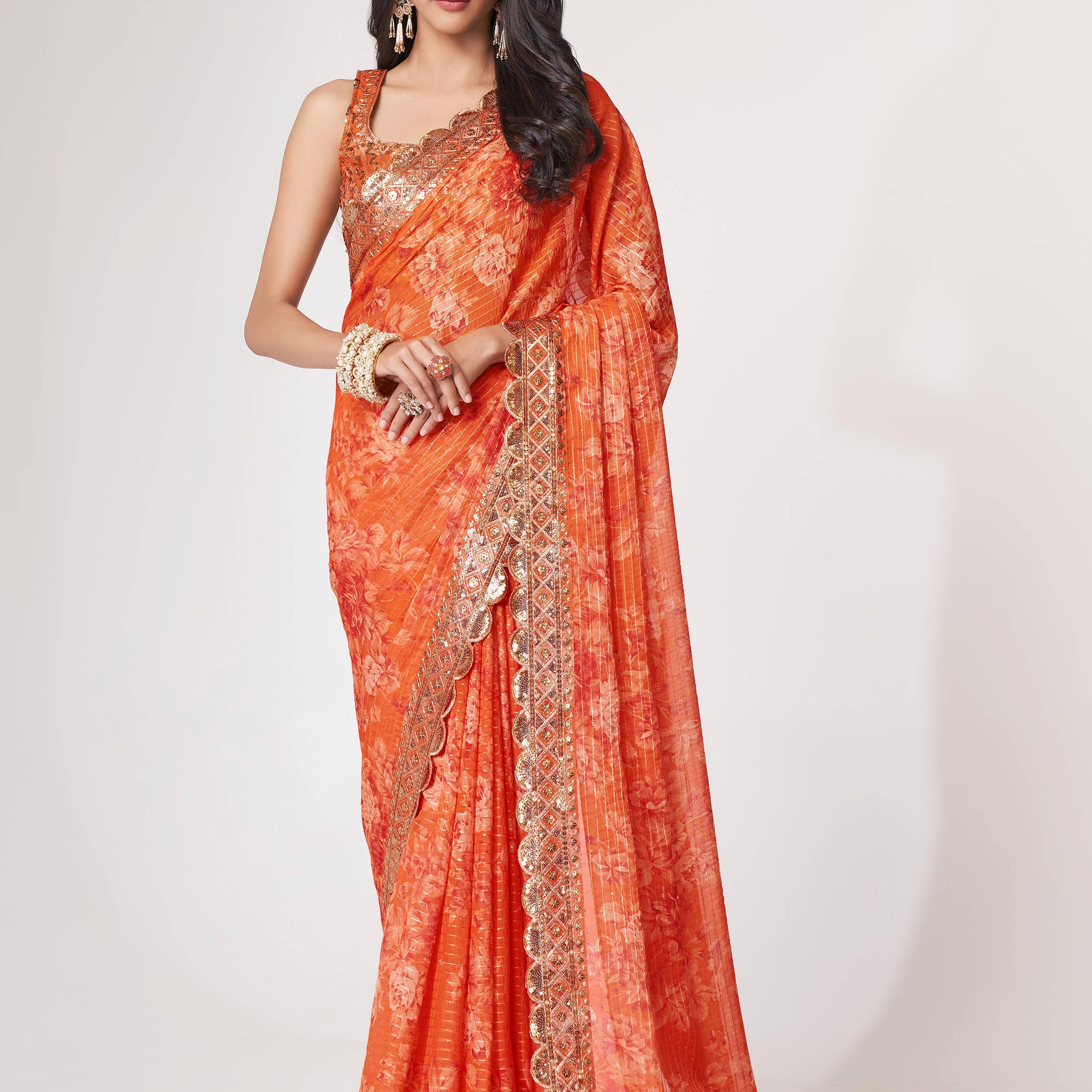 Gorgeous Orange Floral Print Organza Wedding Wear Saree With Blouse