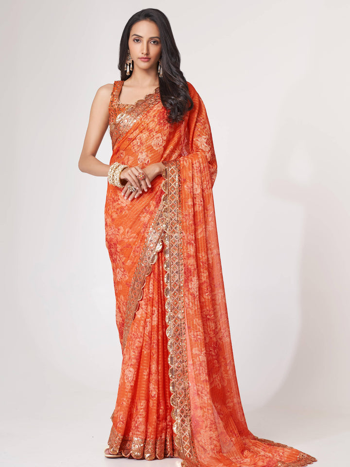 Gorgeous Orange Floral Print Organza Wedding Wear Saree With Blouse