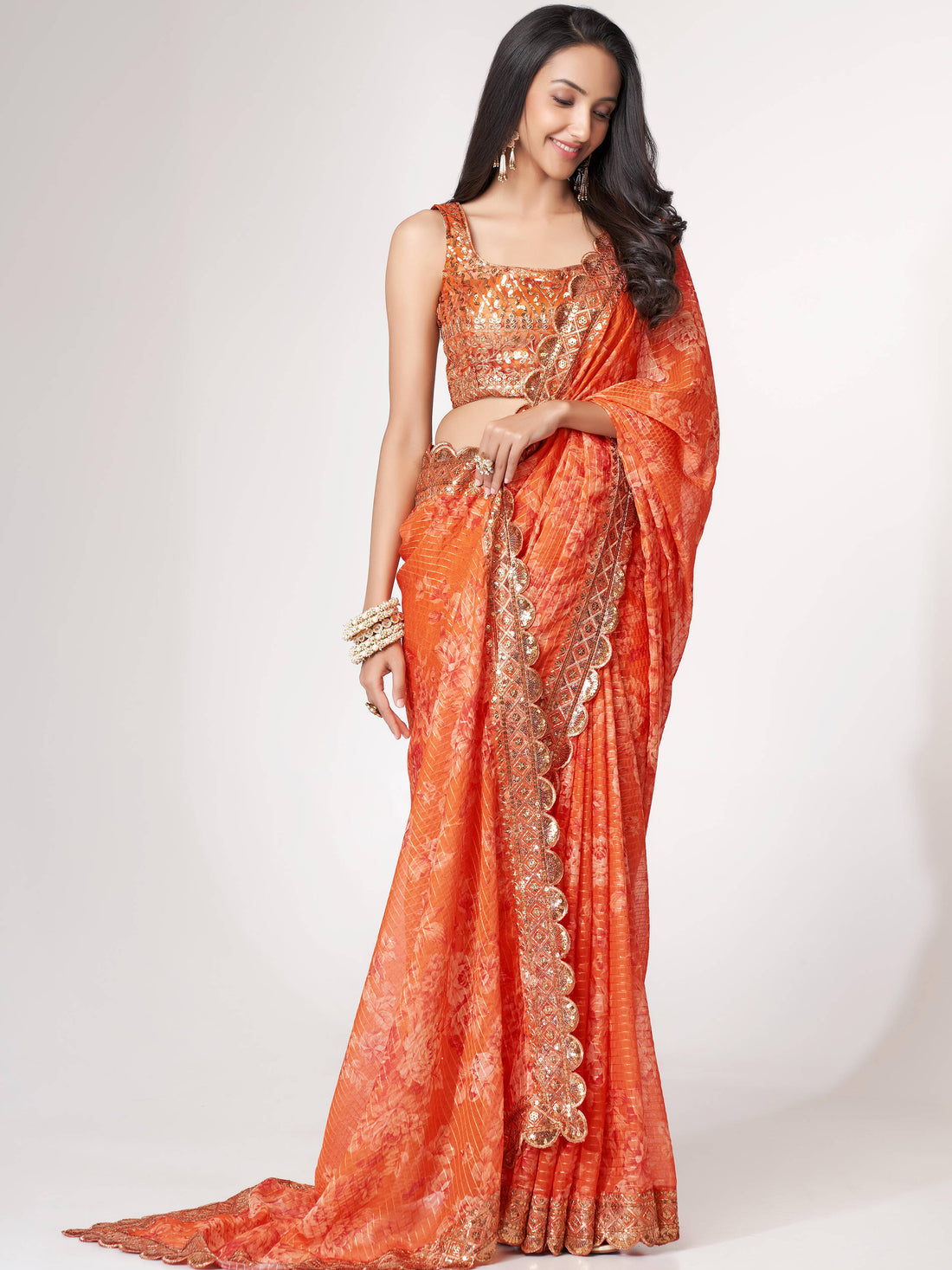 Gorgeous Orange Floral Print Organza Wedding Wear Saree With Blouse