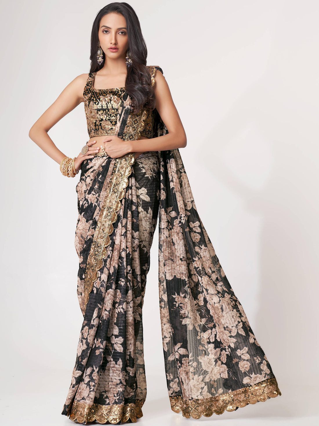 Astonishing Black Floral Print Organza Saree With Blouse