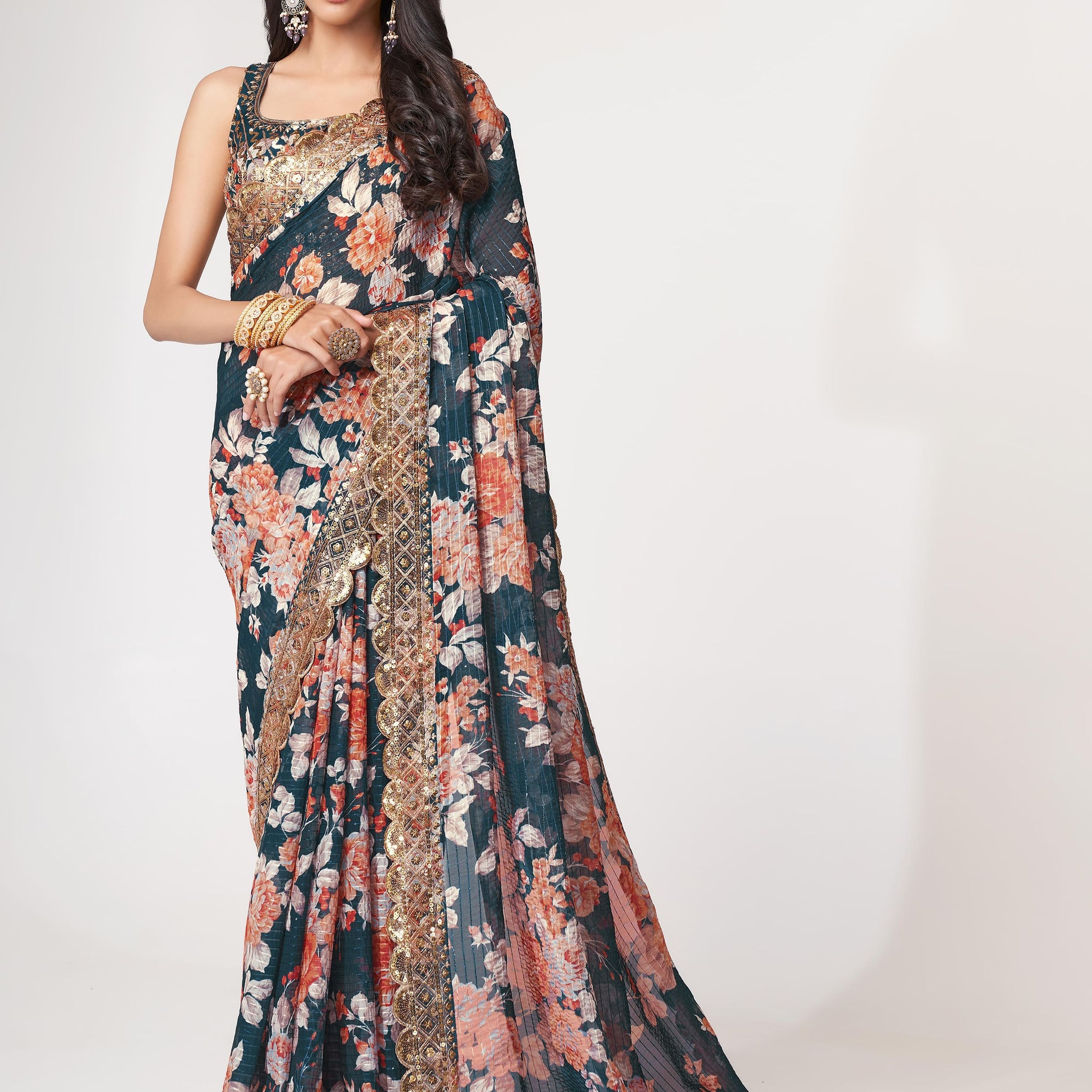 Beautiful Dove Blue Floral Print Organza Party Wear Saree With Blouse