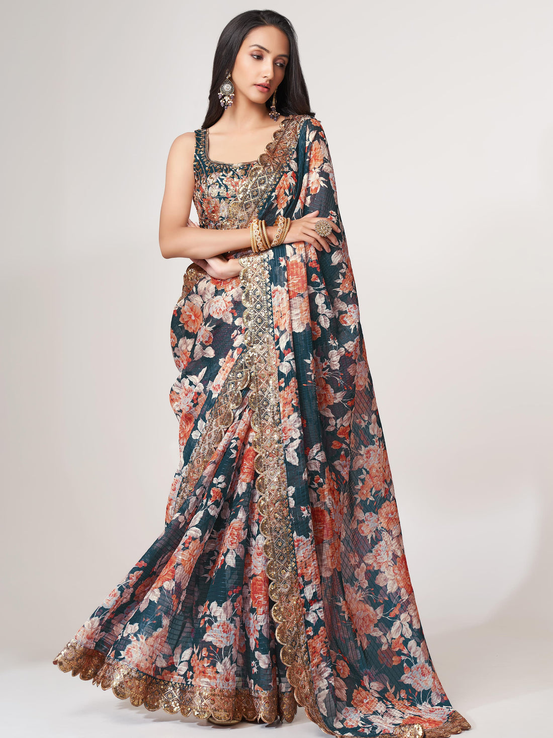 Beautiful Dove Blue Floral Print Organza Party Wear Saree With Blouse
