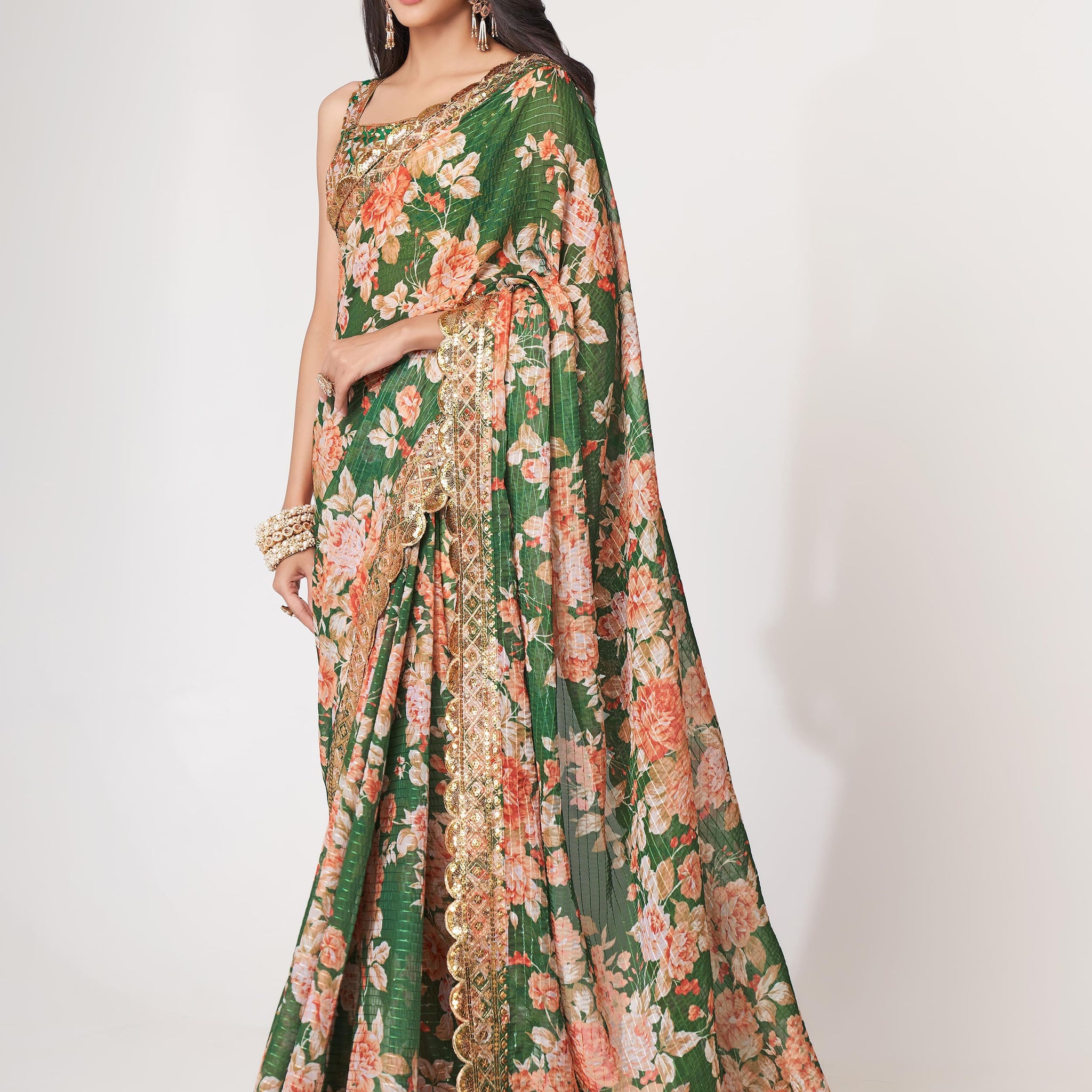 Attractive Green Floral Print Organza Festival Wear Saree With Blouse