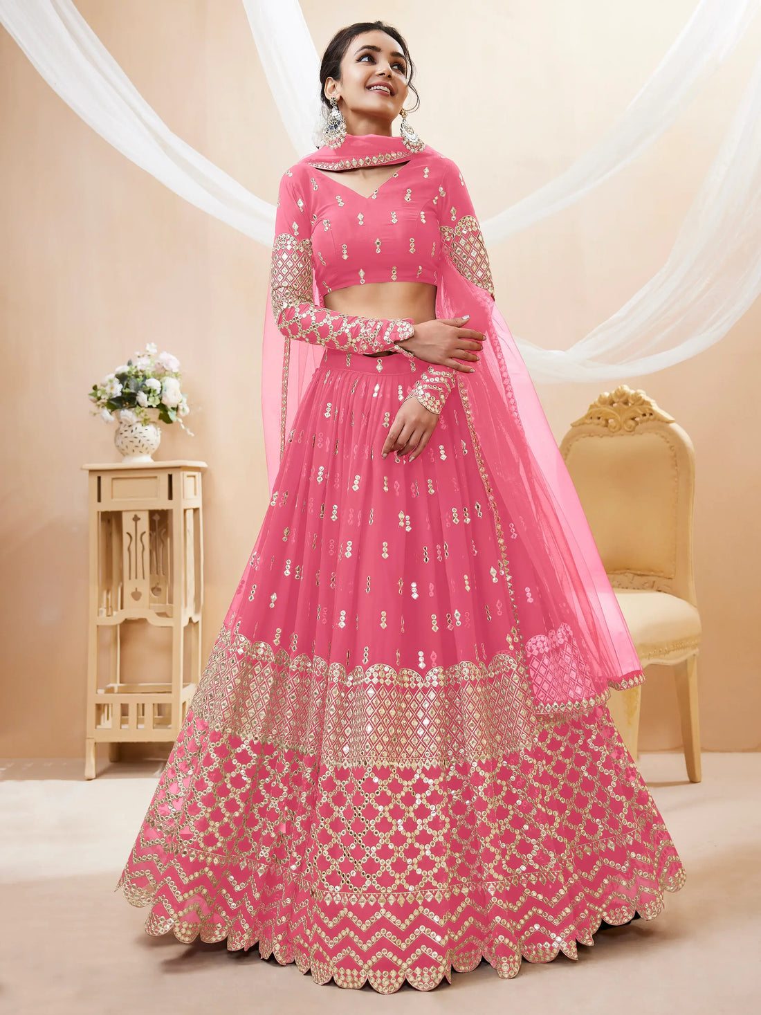 Alluring Pink Sequins Georgette Bridesmaid Lehenga Choli With Dupatta