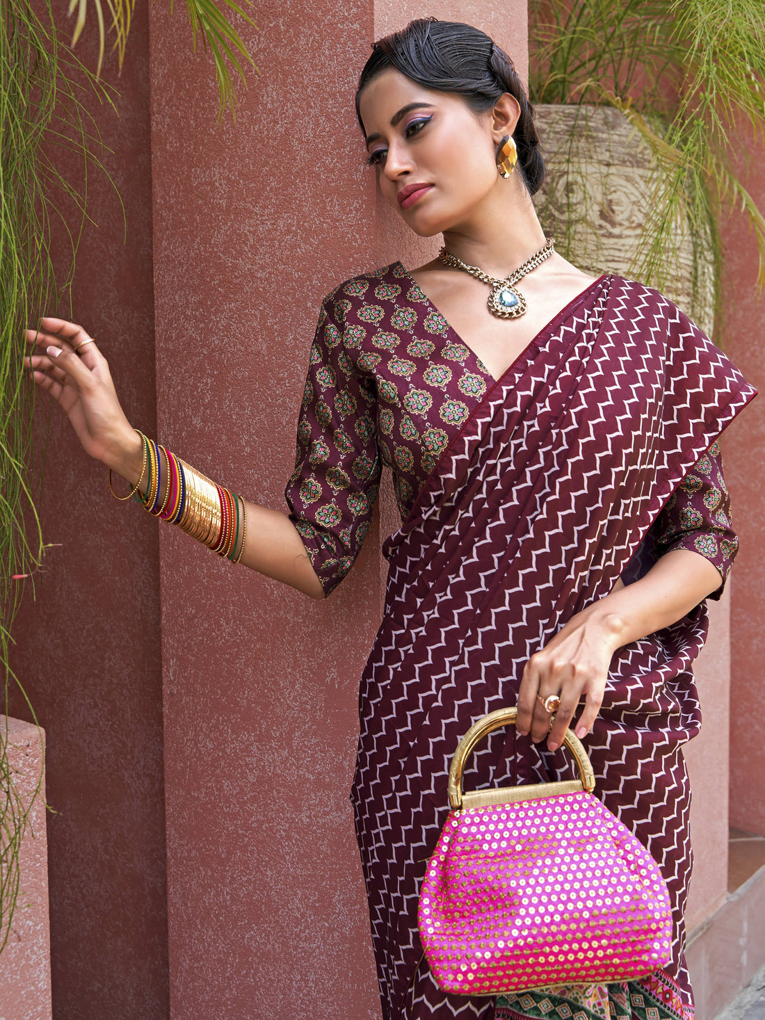 Astonishing Wine Digital Printed Crepe Traditional Saree With Blouse