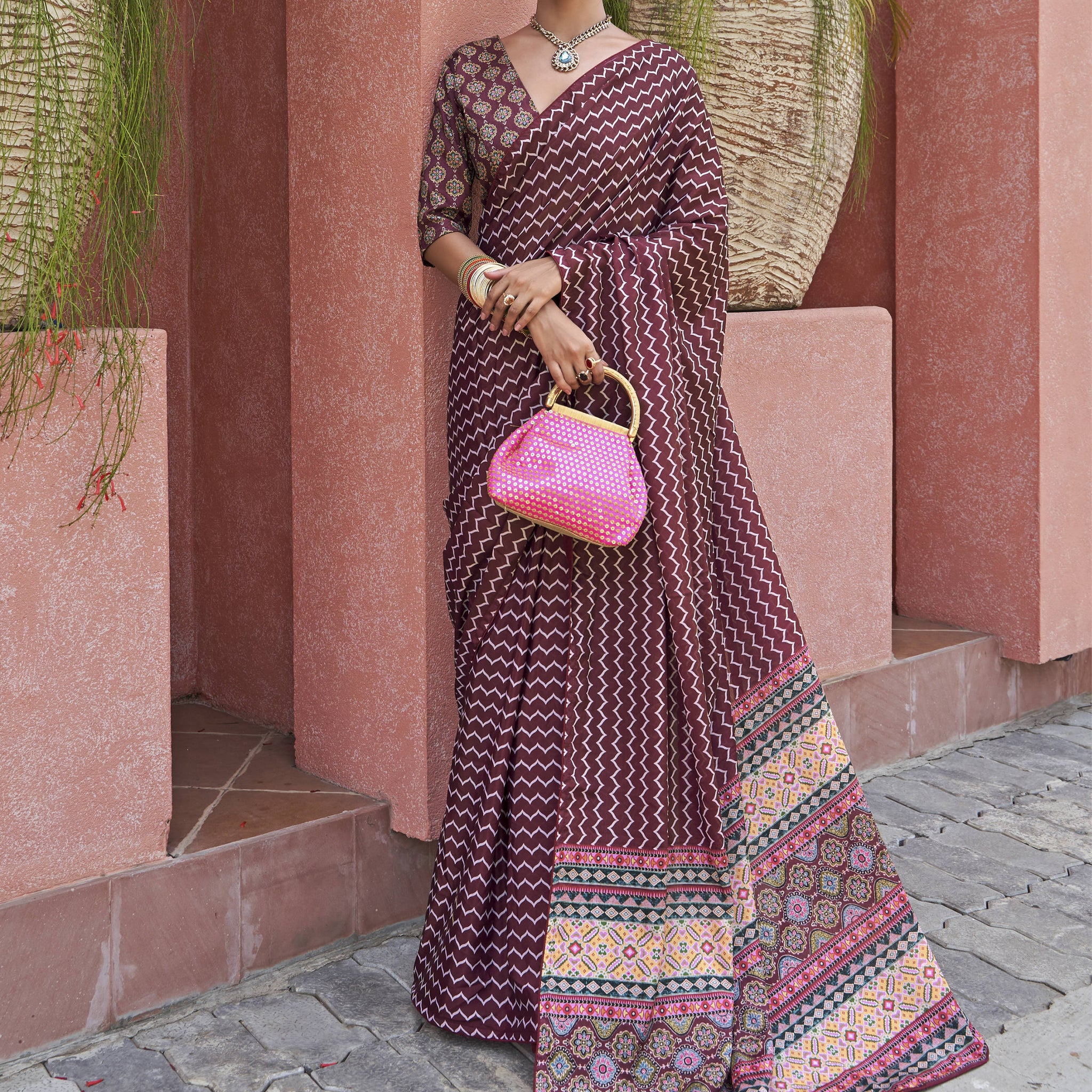 Astonishing Wine Digital Printed Crepe Traditional Saree With Blouse