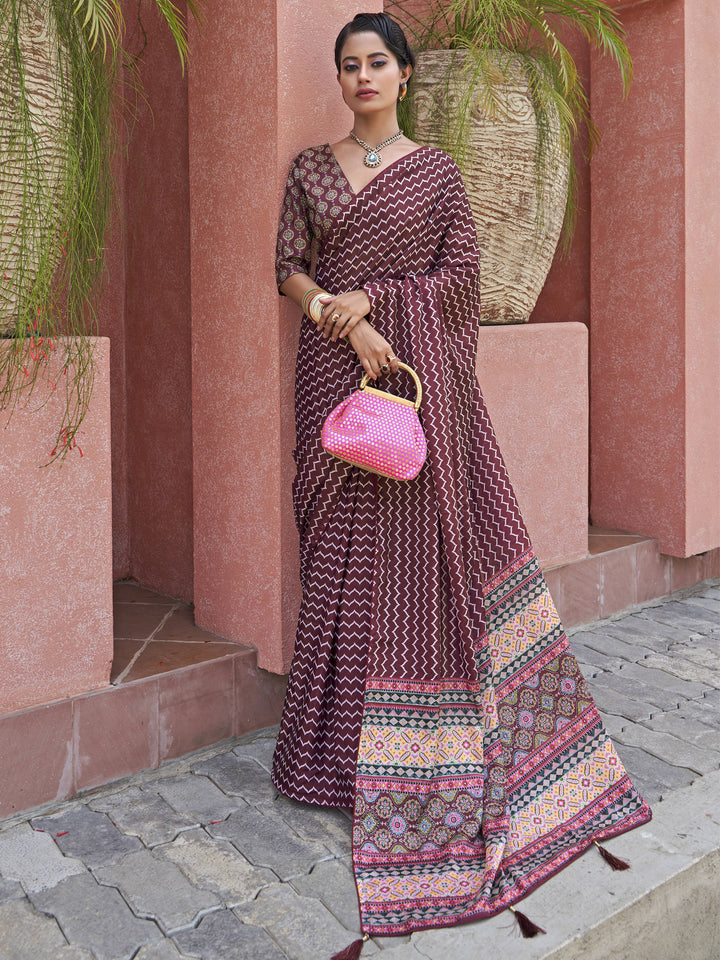 Astonishing Wine Digital Printed Crepe Traditional Saree With Blouse