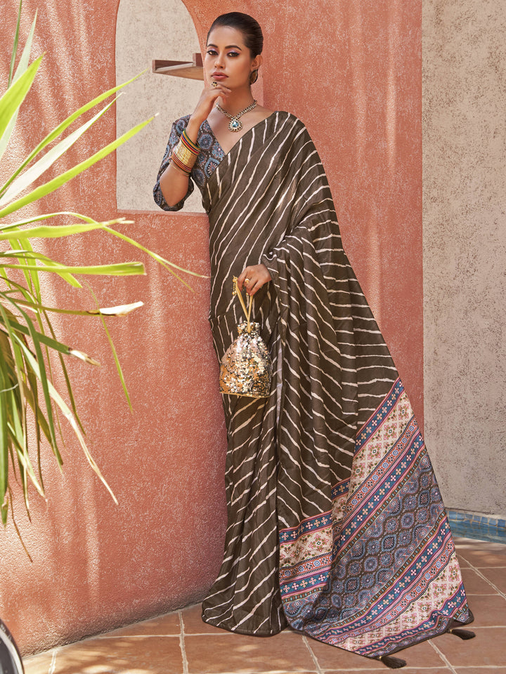Spectacular Brown Digital Printed Crepe Festival Wear Saree