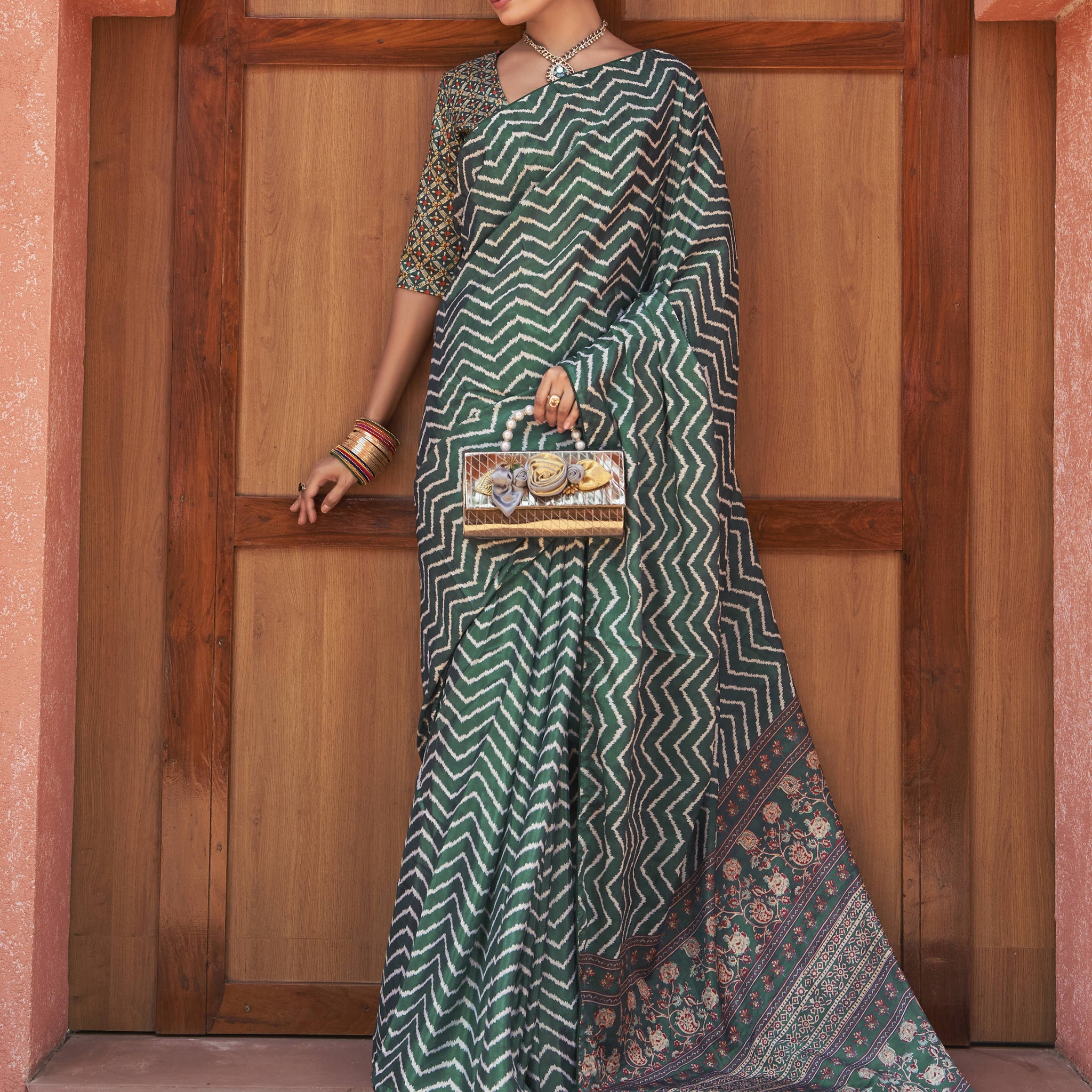 Breathtaking Teal Green Digital Printed Crepe Event Wear Saree