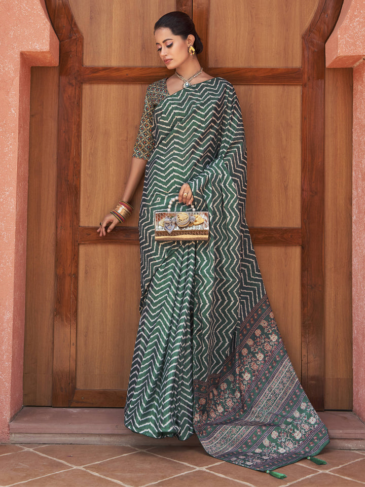 Breathtaking Teal Green Digital Printed Crepe Event Wear Saree