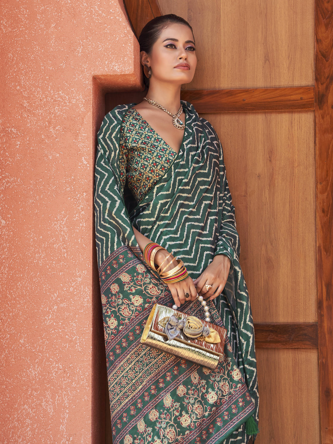 Breathtaking Teal Green Digital Printed Crepe Event Wear Saree