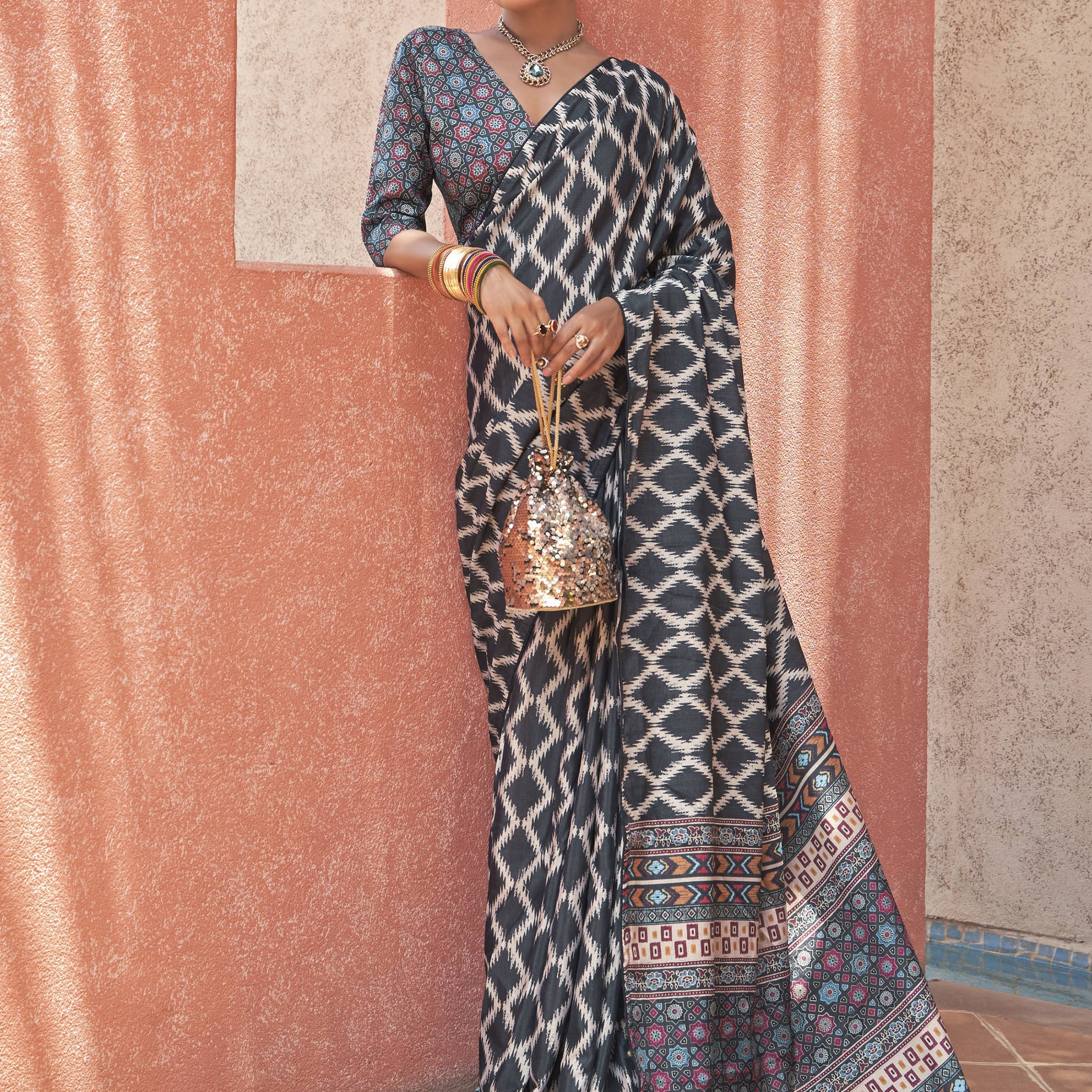 Dazzling Black Digital Printed Crepe Traditional Saree With Blouse