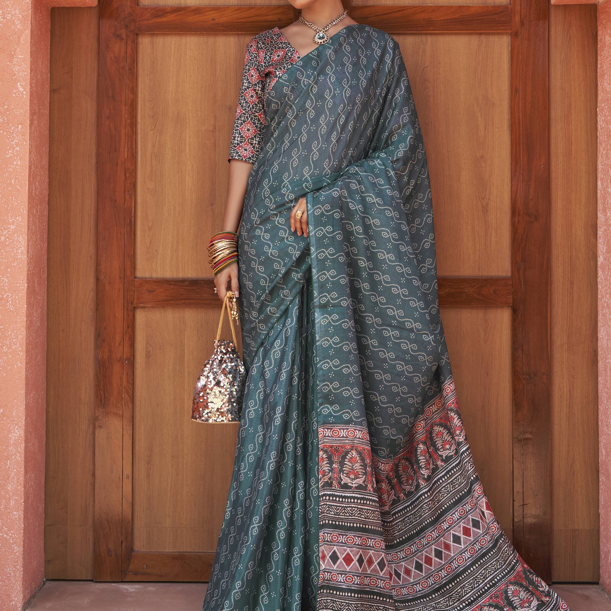 Captivating Teal Blue Digital Printed Crepe Saree With Blouse