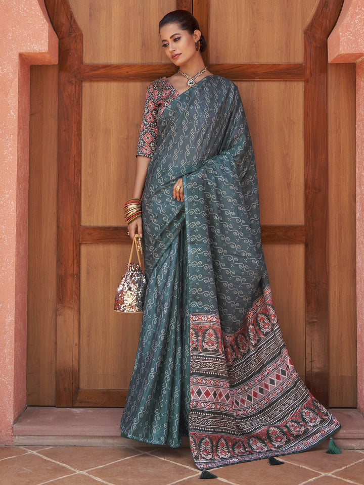 Captivating Teal Blue Digital Printed Crepe Saree With Blouse