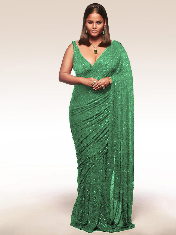 Charming Light Green Sequins Georgette Designer Saree With Blouse