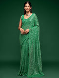 Charming Light Green Sequins Georgette Designer Saree With Blouse