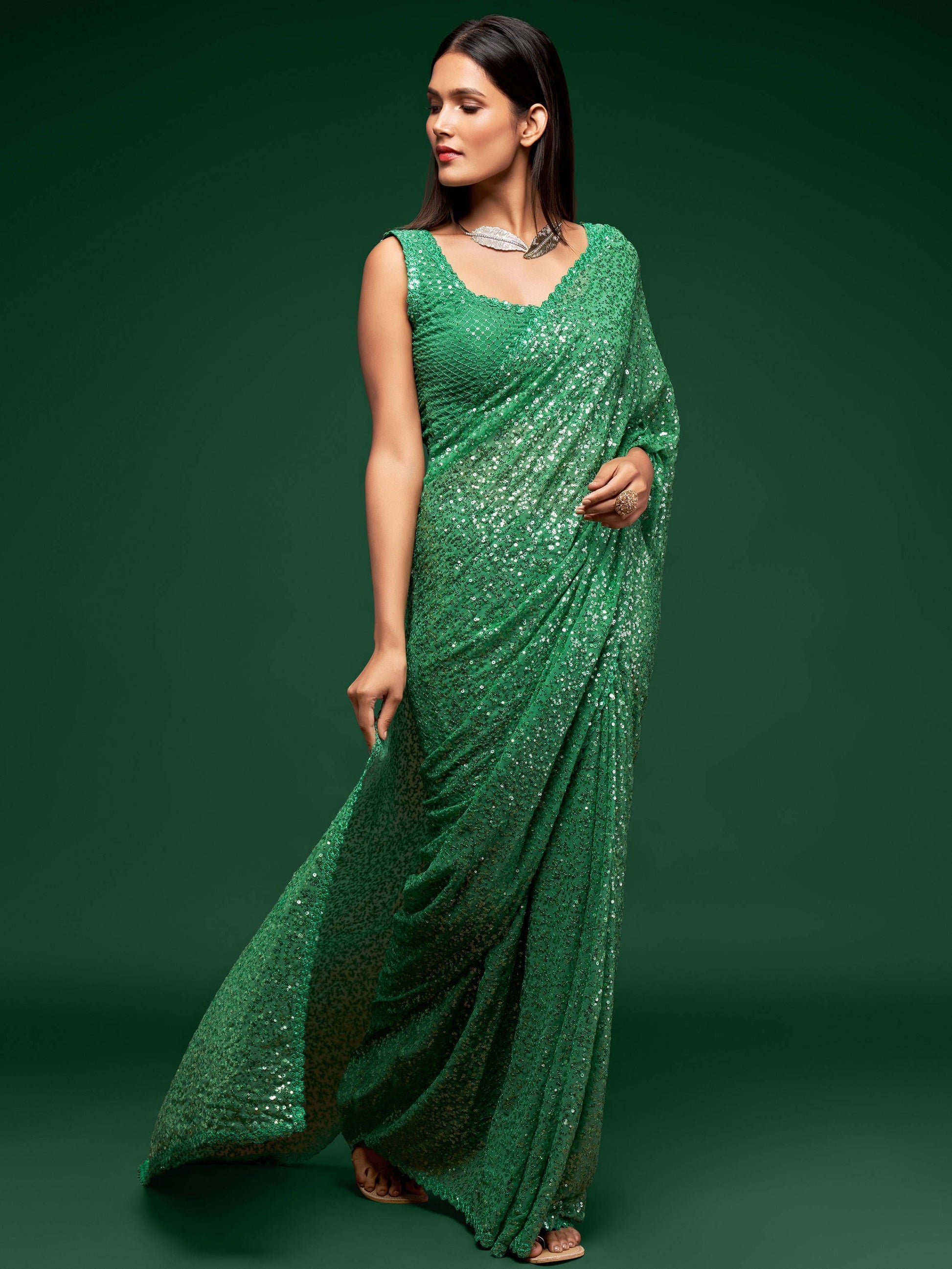 Charming Light Green Sequins Georgette Designer Saree With Blouse
