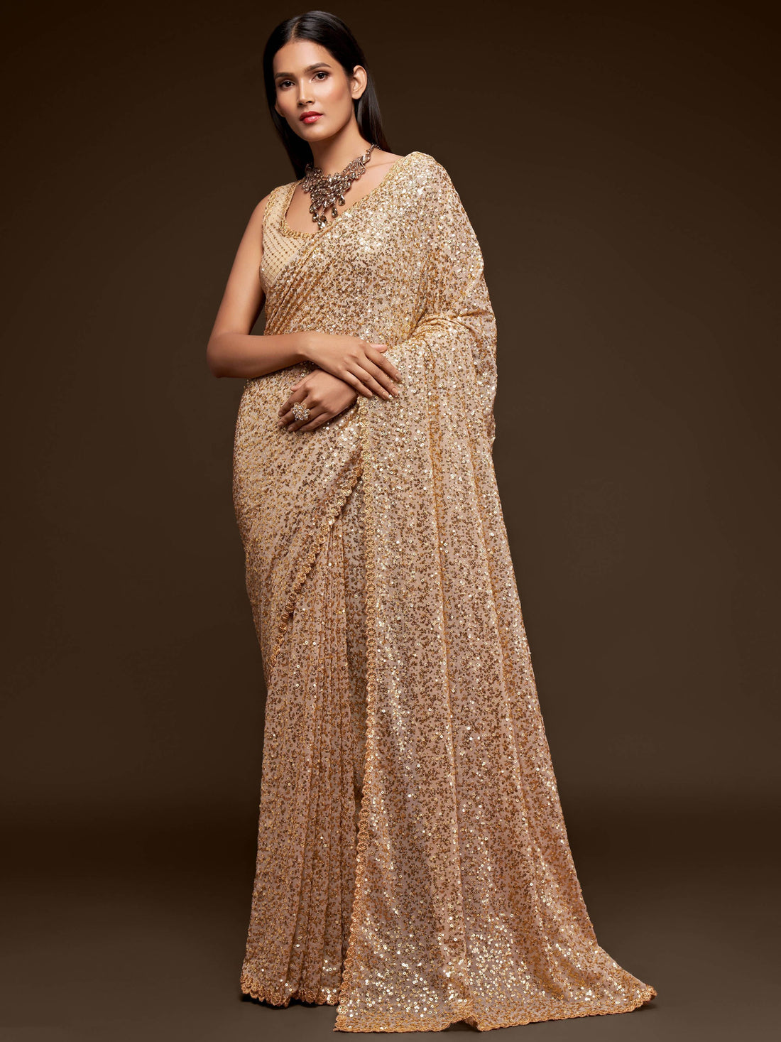 Precious Cream Sequins Georgette Party Wear Saree With Blouse